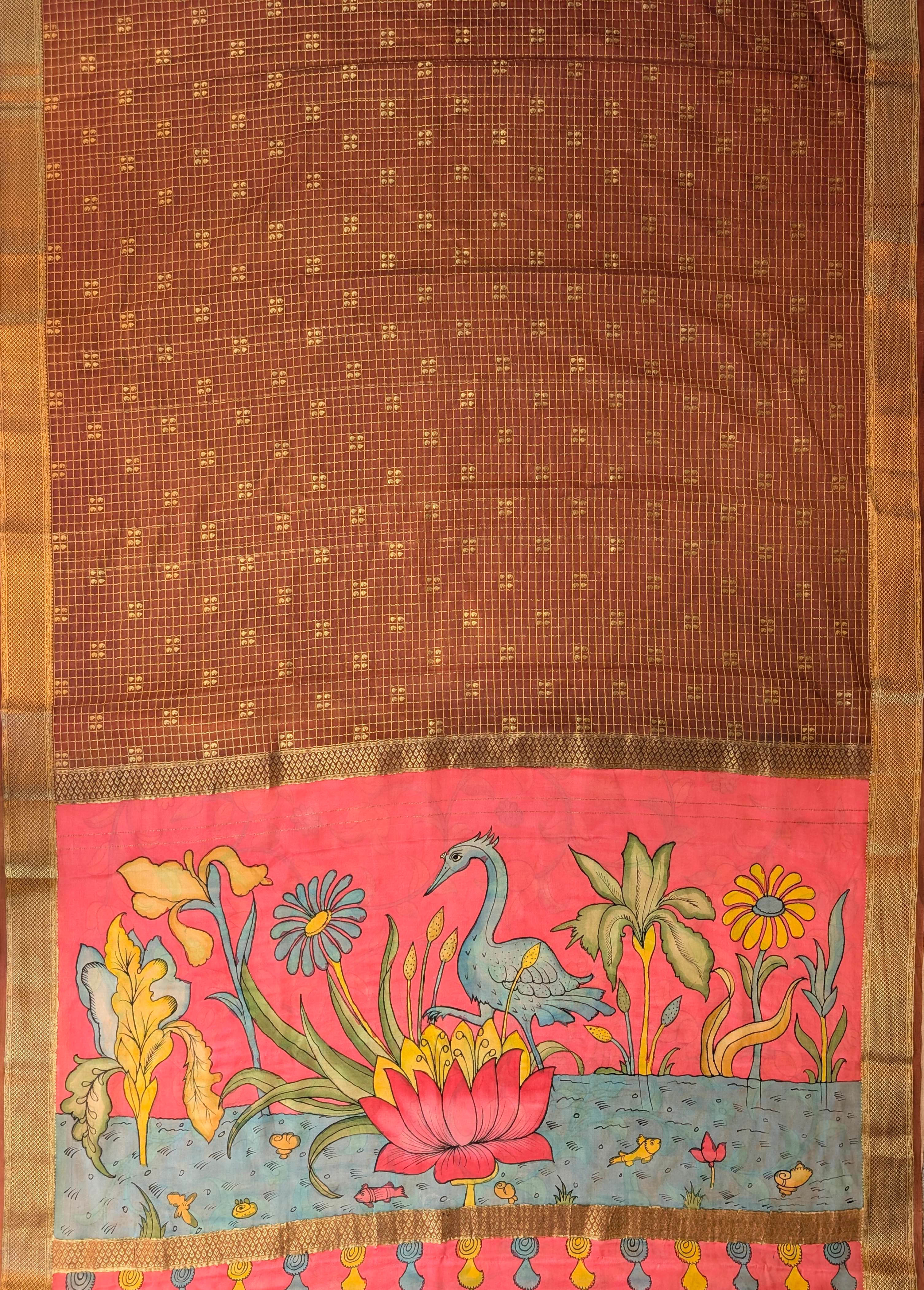 Pure Mysore Silk Crepe X Pen Kalamkari - Rust Brown