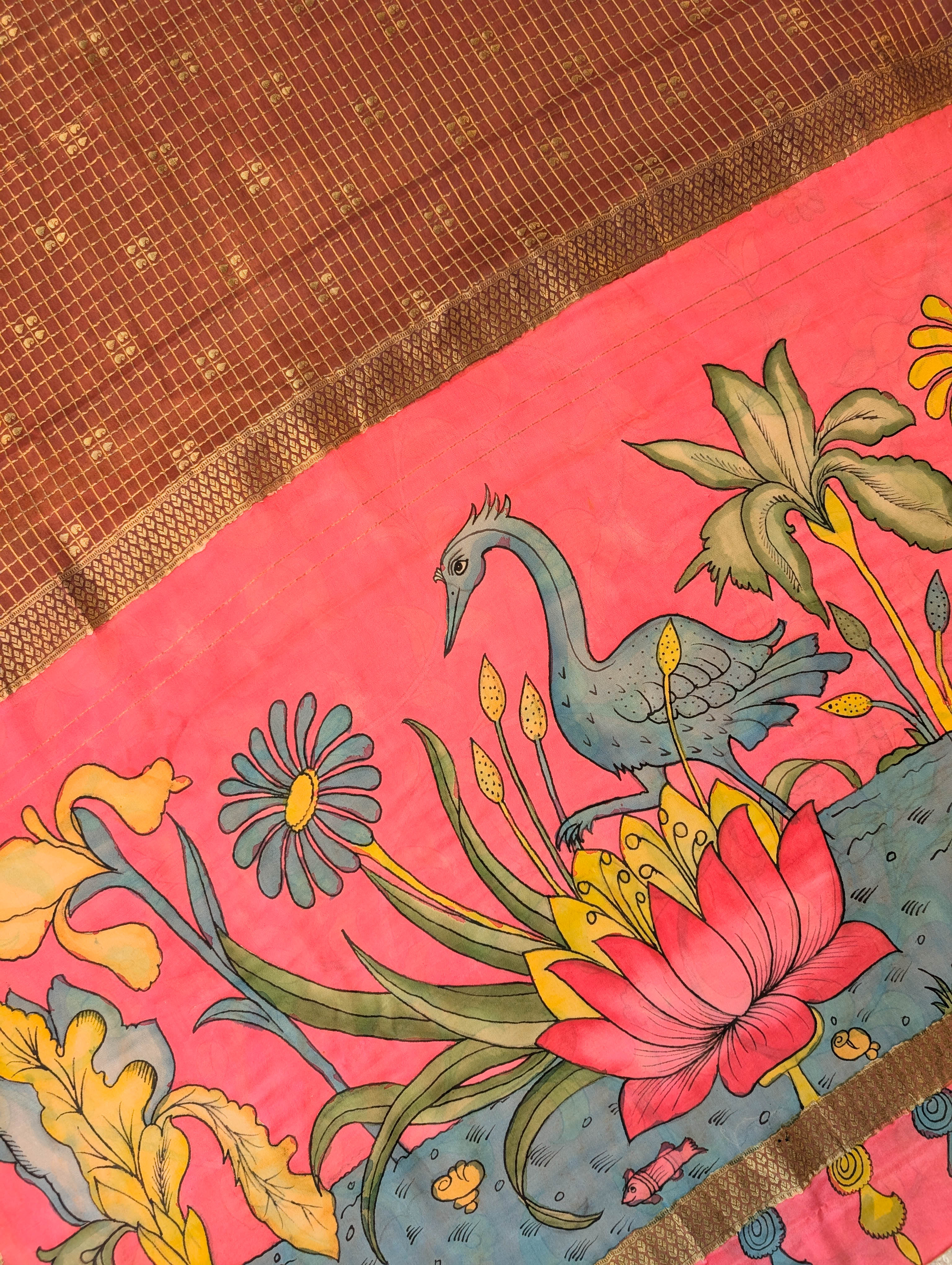 Pure Mysore Silk Crepe X Pen Kalamkari - Rust Brown