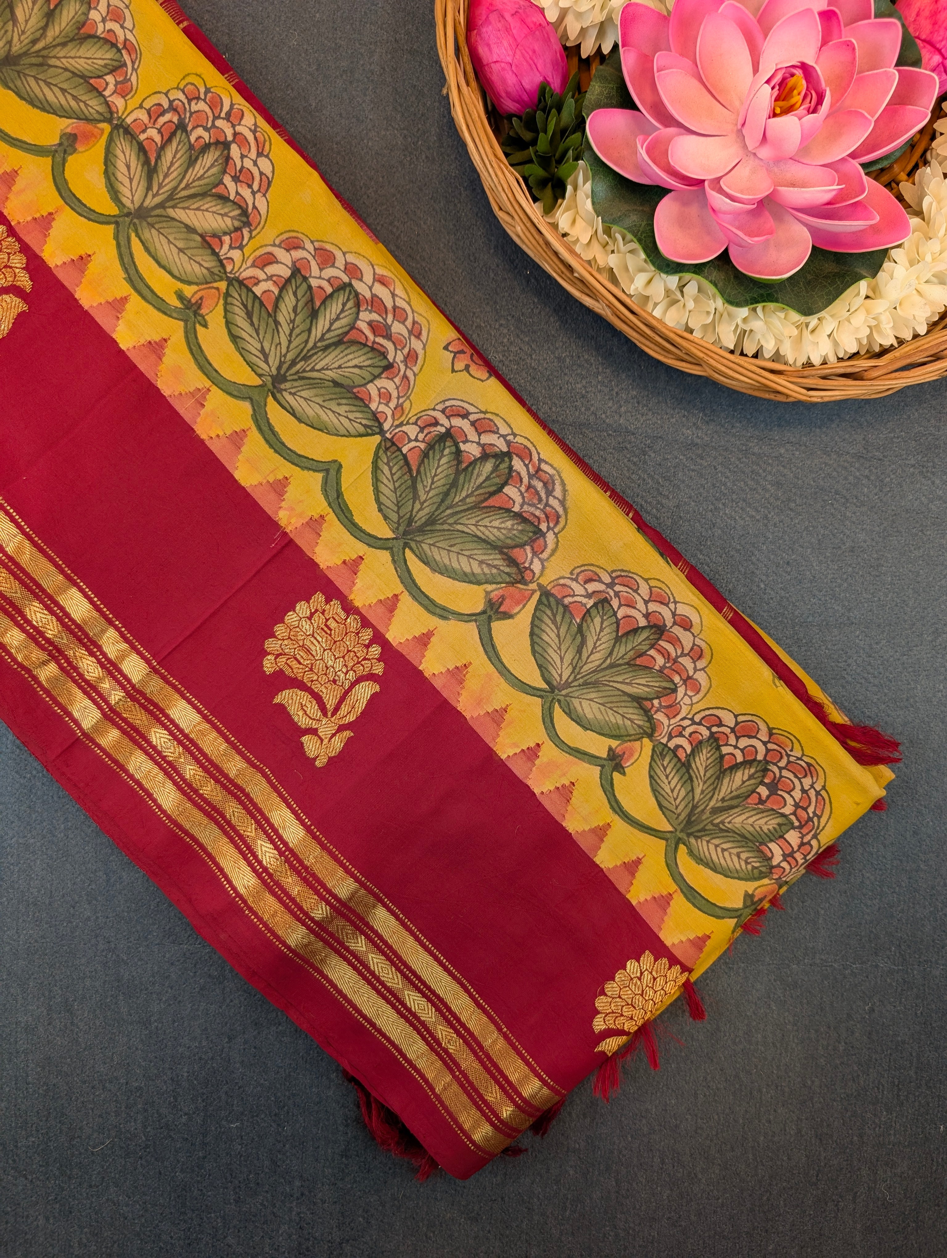 Pure Handloom Gadwal X Pen Kalamkari - Radiant yellow with red border