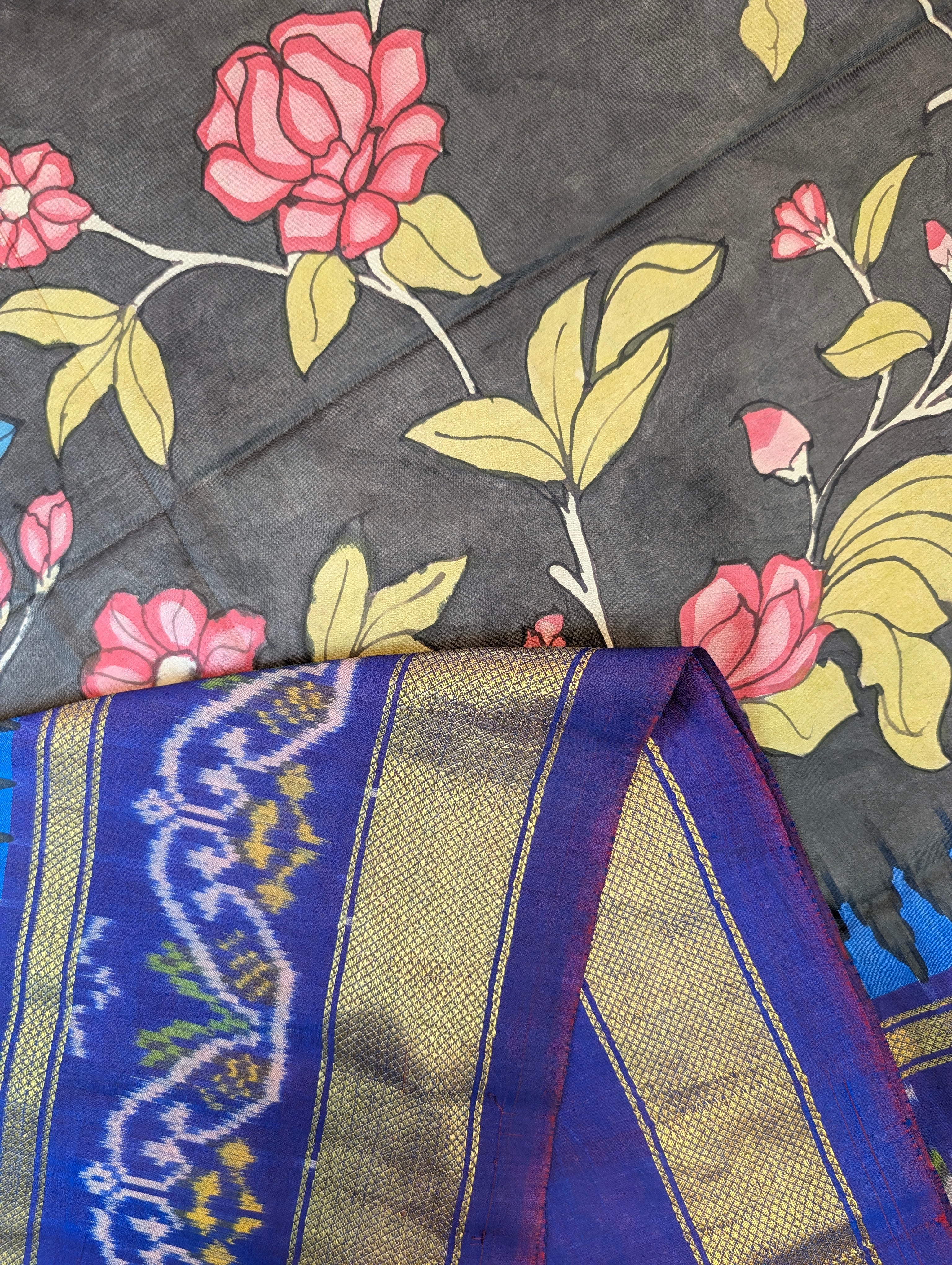 Pure Handloom Ikkat X Pen Kalamkari - Charcoal Grey
