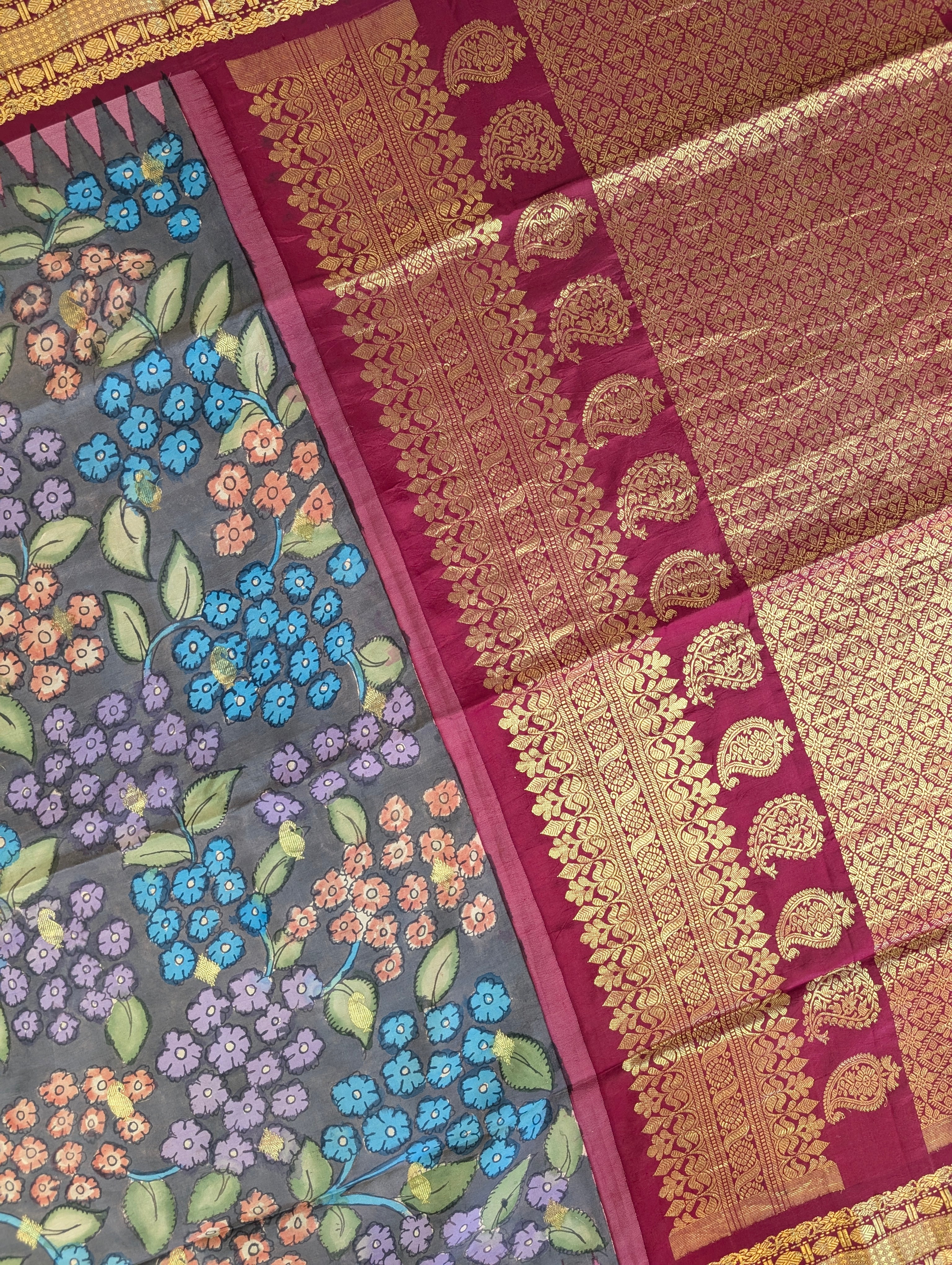 Pure Handloom Gadwal X Pen Kalamkari - Grey