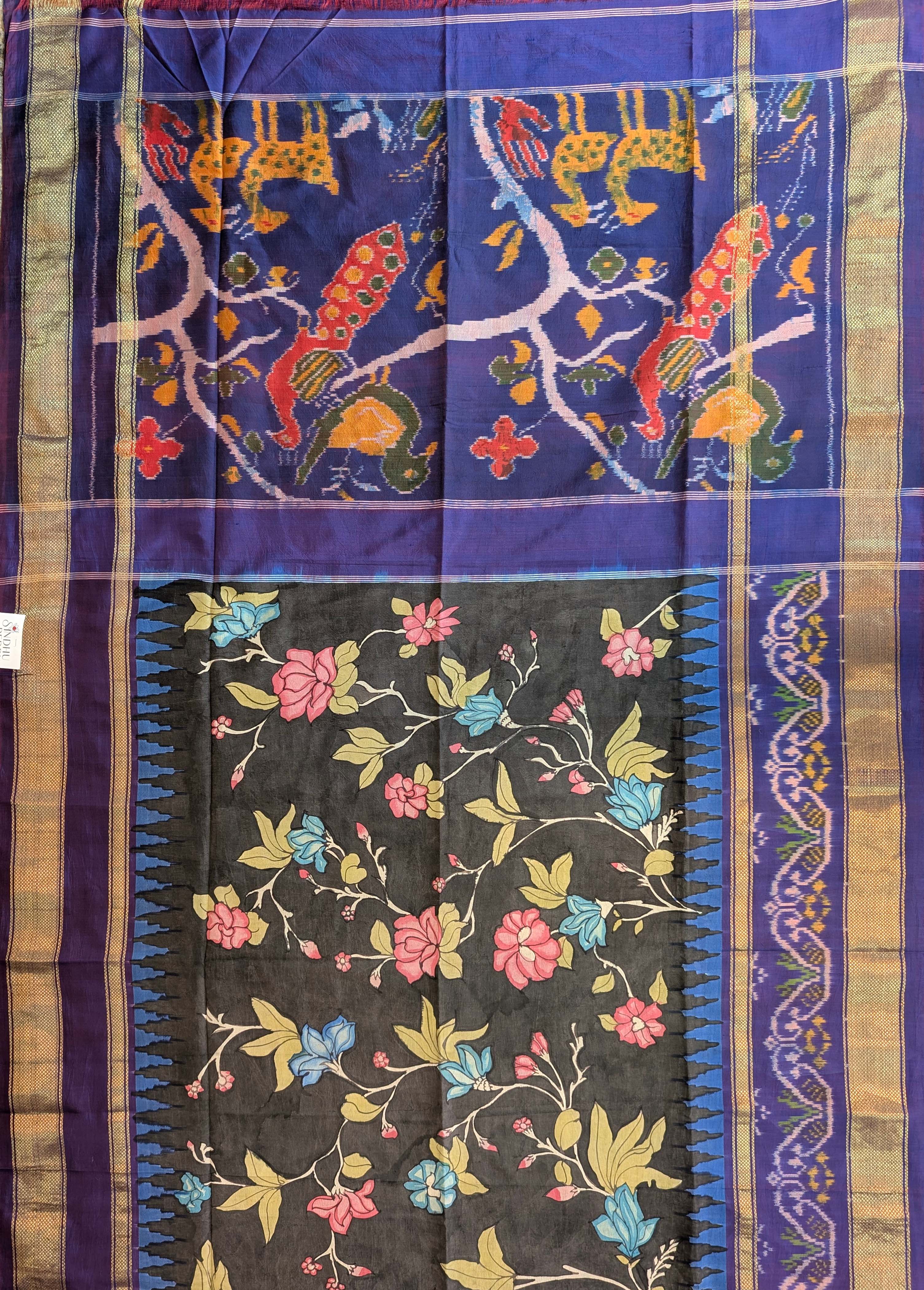 Pure Handloom Ikkat X Pen Kalamkari - Charcoal Grey