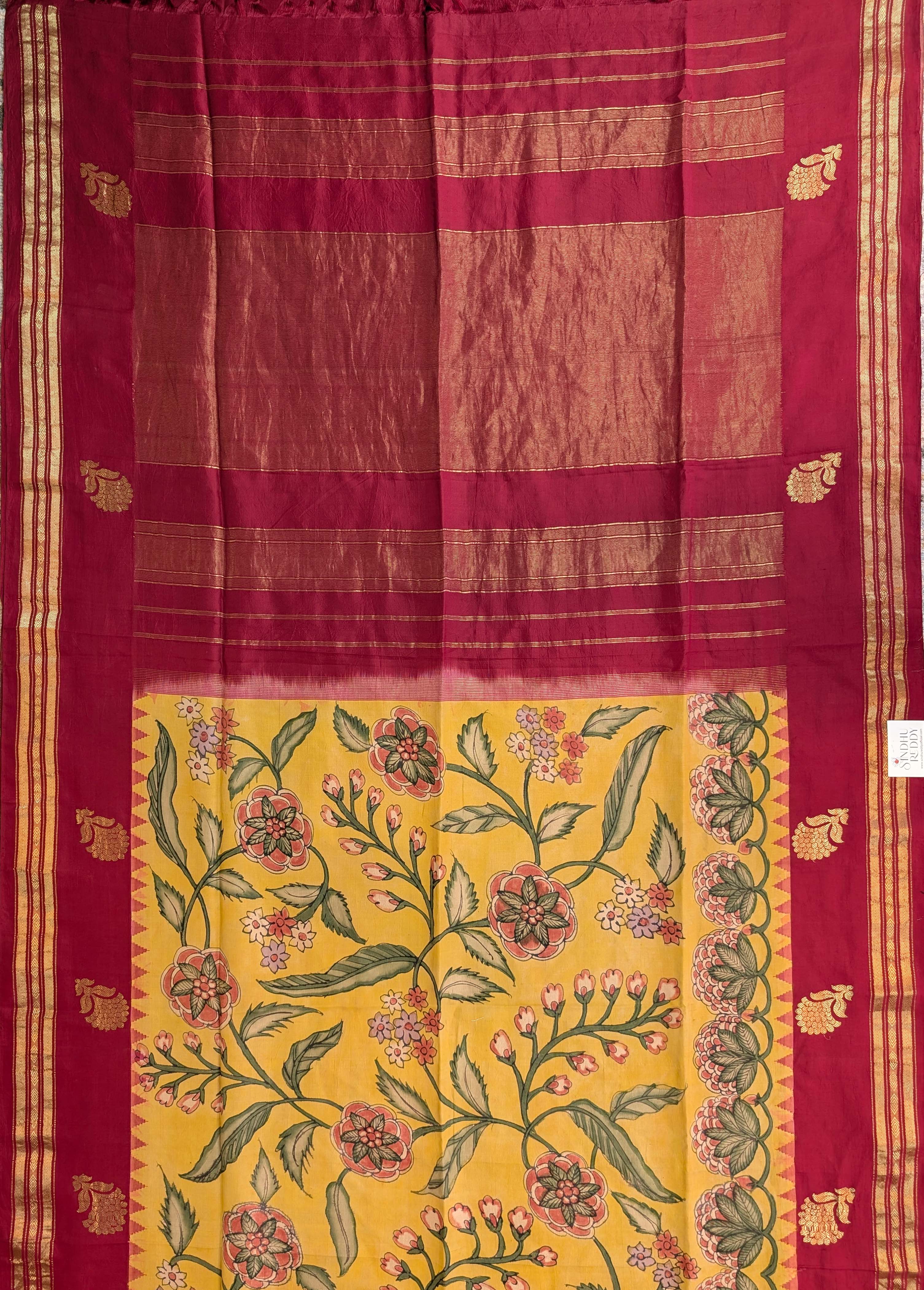 Pure Handloom Gadwal X Pen Kalamkari - Radiant yellow with red border