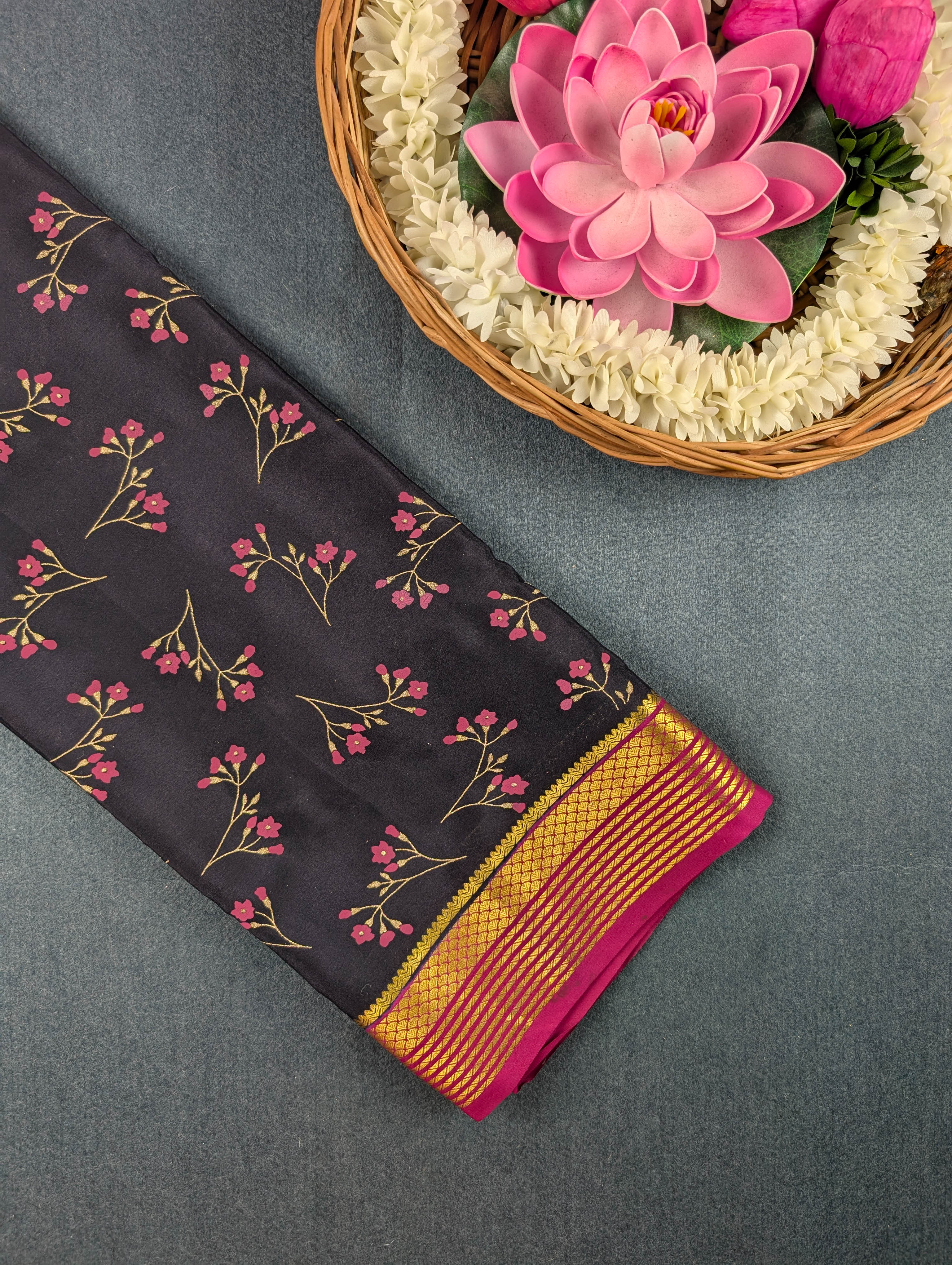 Pure Mysore Silk Crepe - Black with Dark Pink