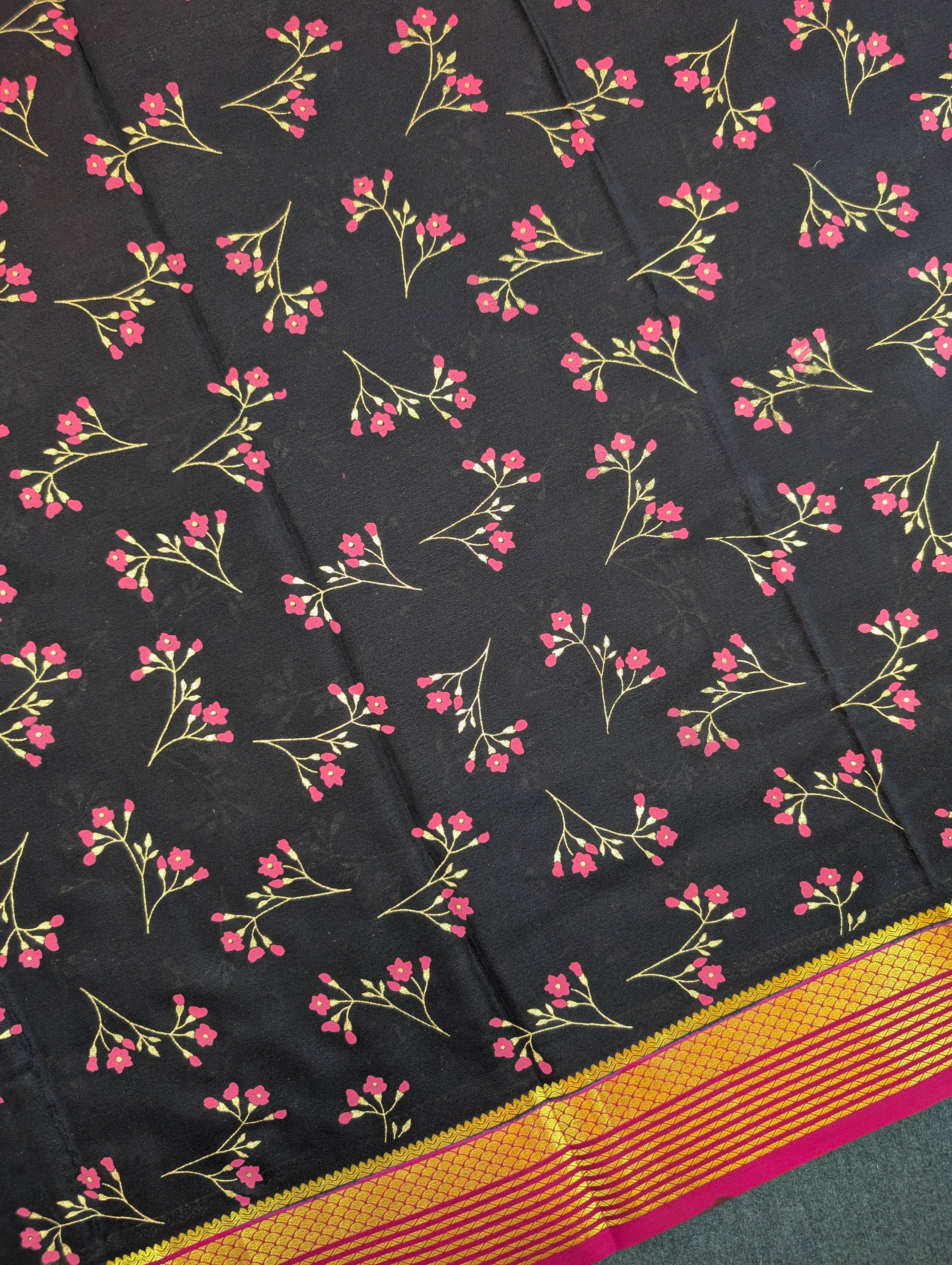 Pure Mysore Silk Crepe - Black with Dark Pink