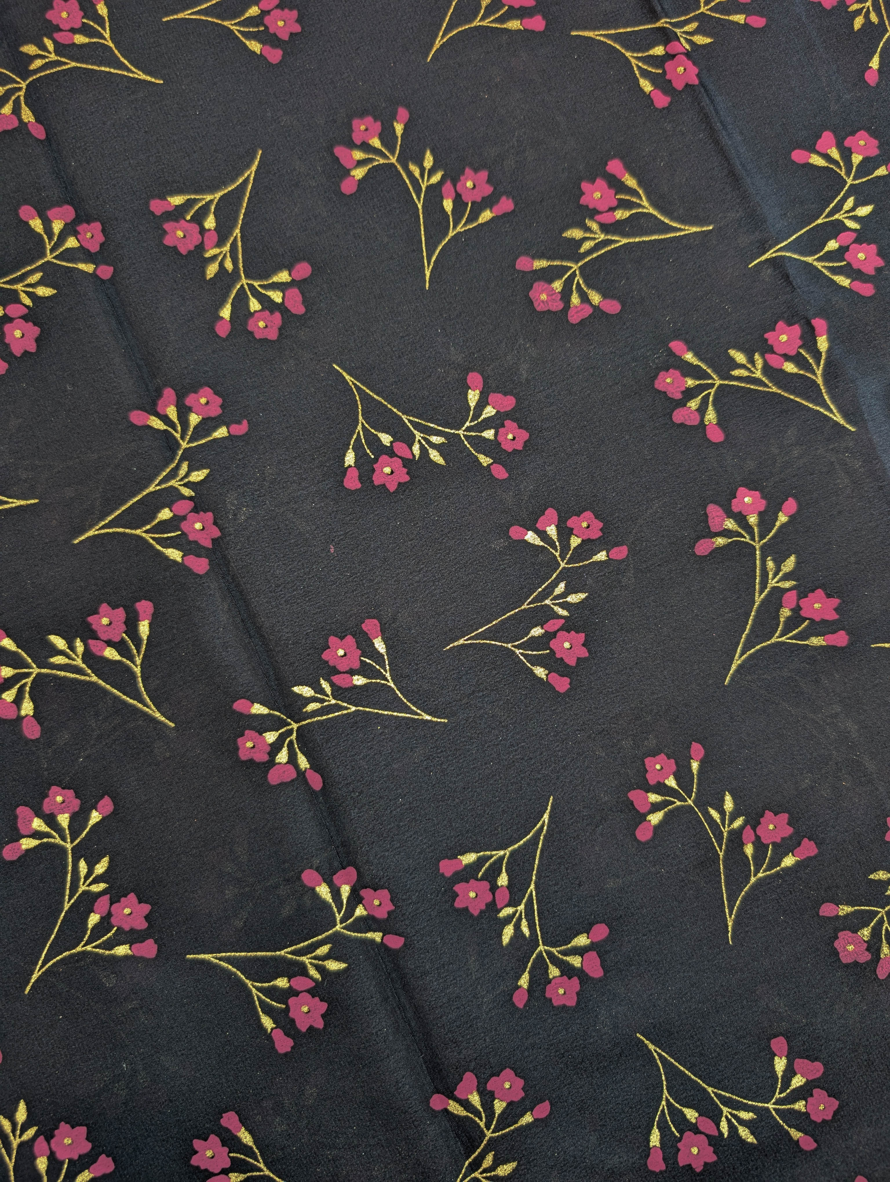Pure Mysore Silk Crepe - Black with Dark Pink