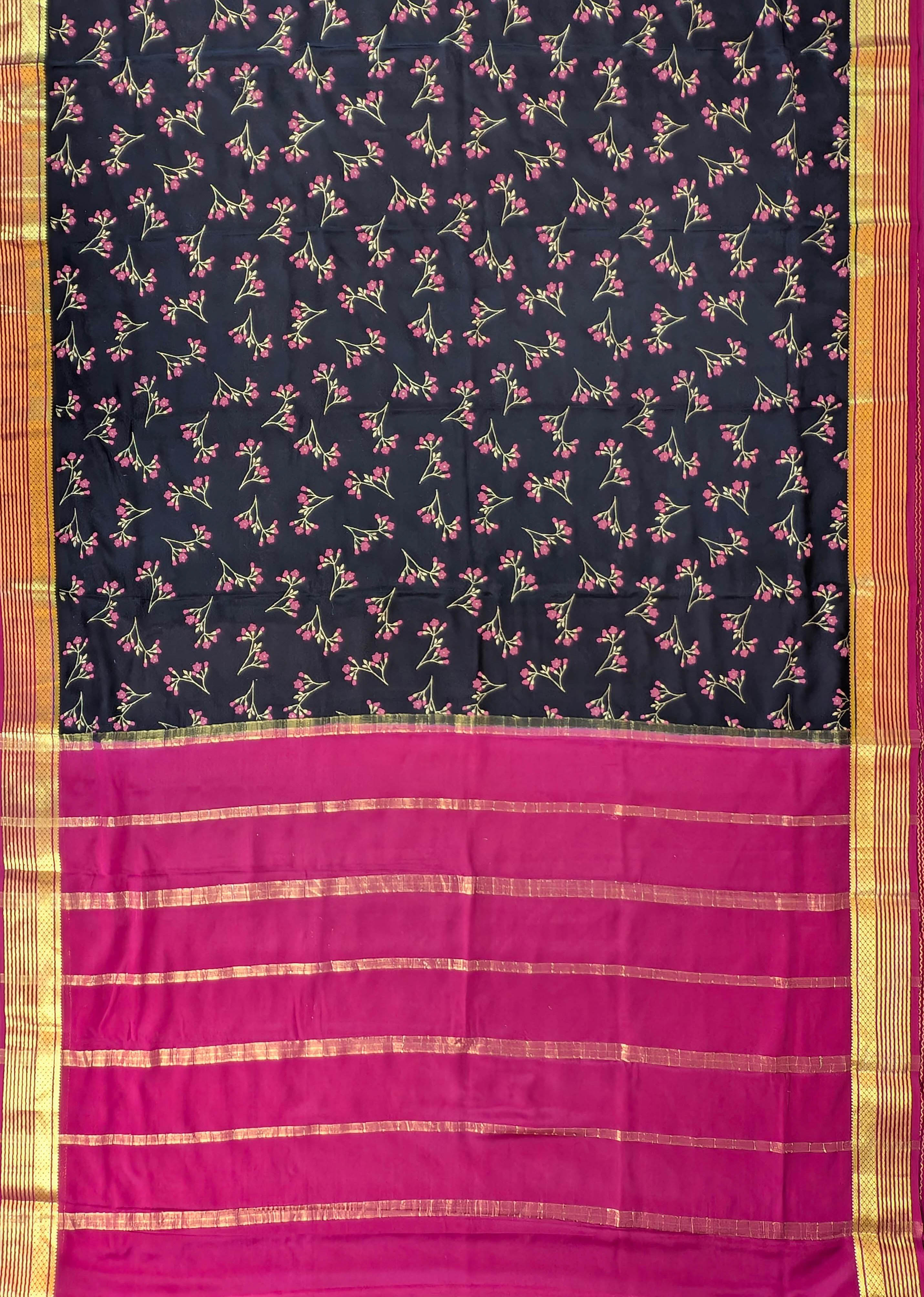 Pure Mysore Silk Crepe - Black with Dark Pink