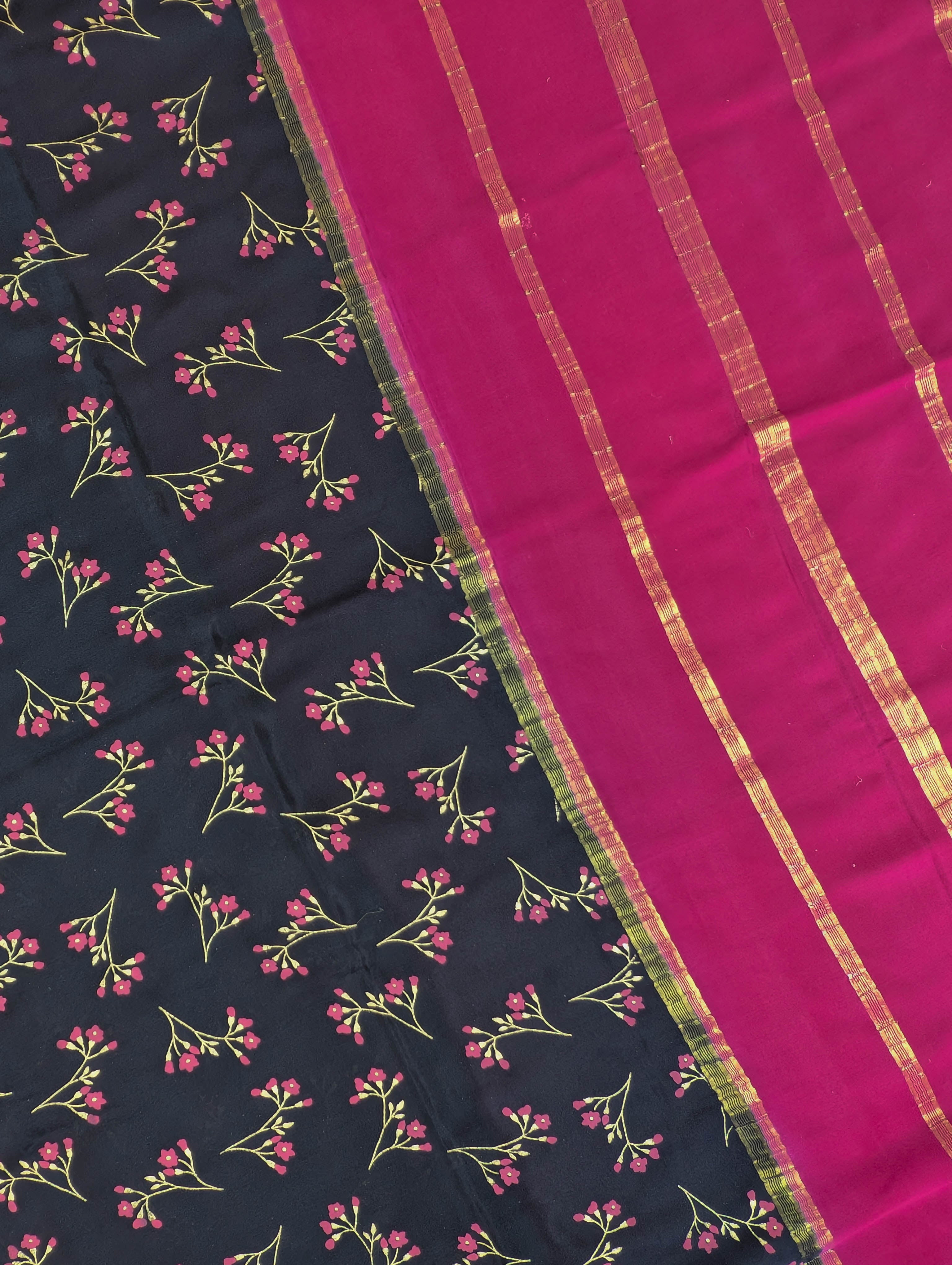 Pure Mysore Silk Crepe - Black with Dark Pink