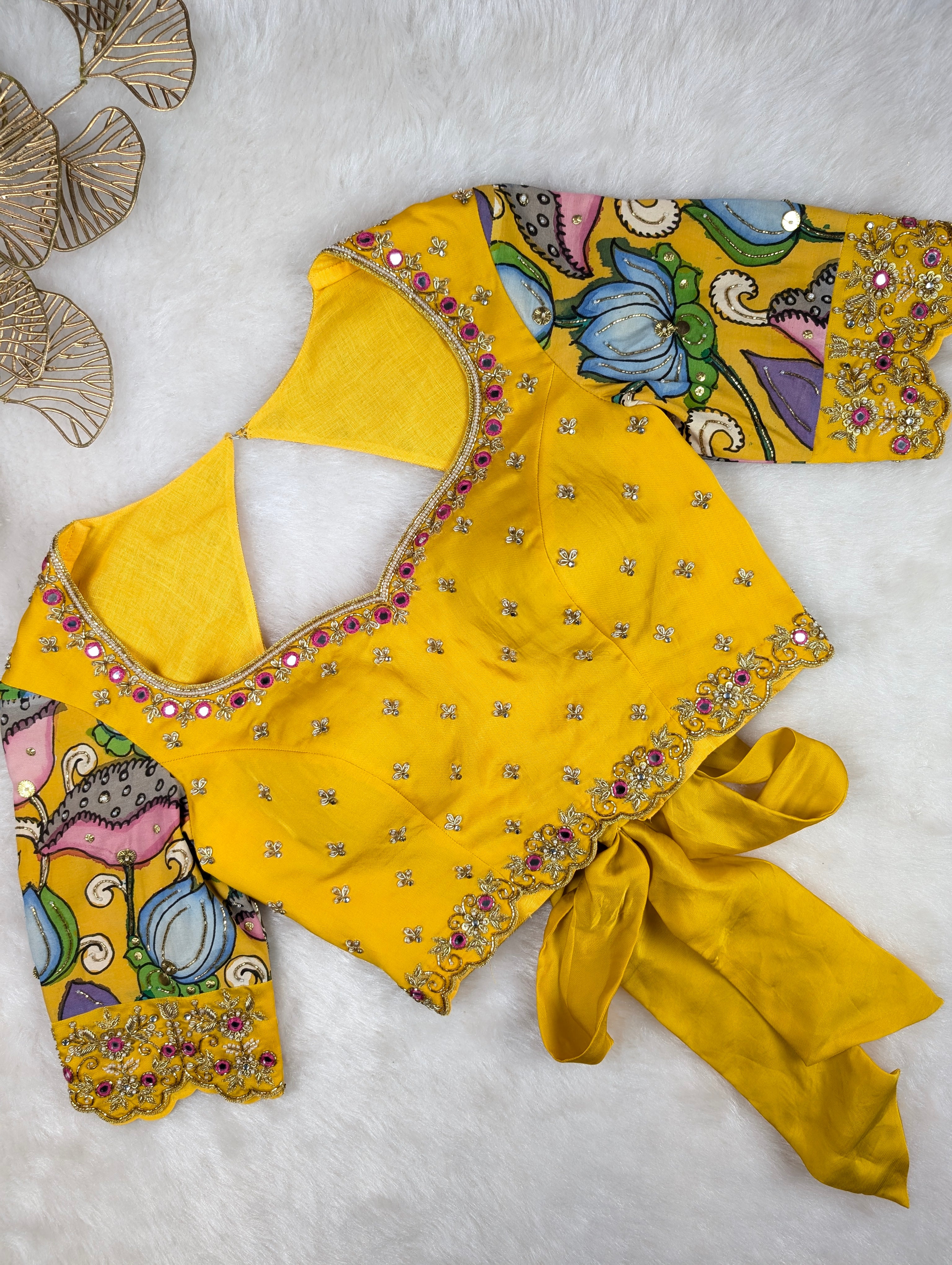 Yellow Hand Embroidered blouse with Pen kalamkari Sleeves