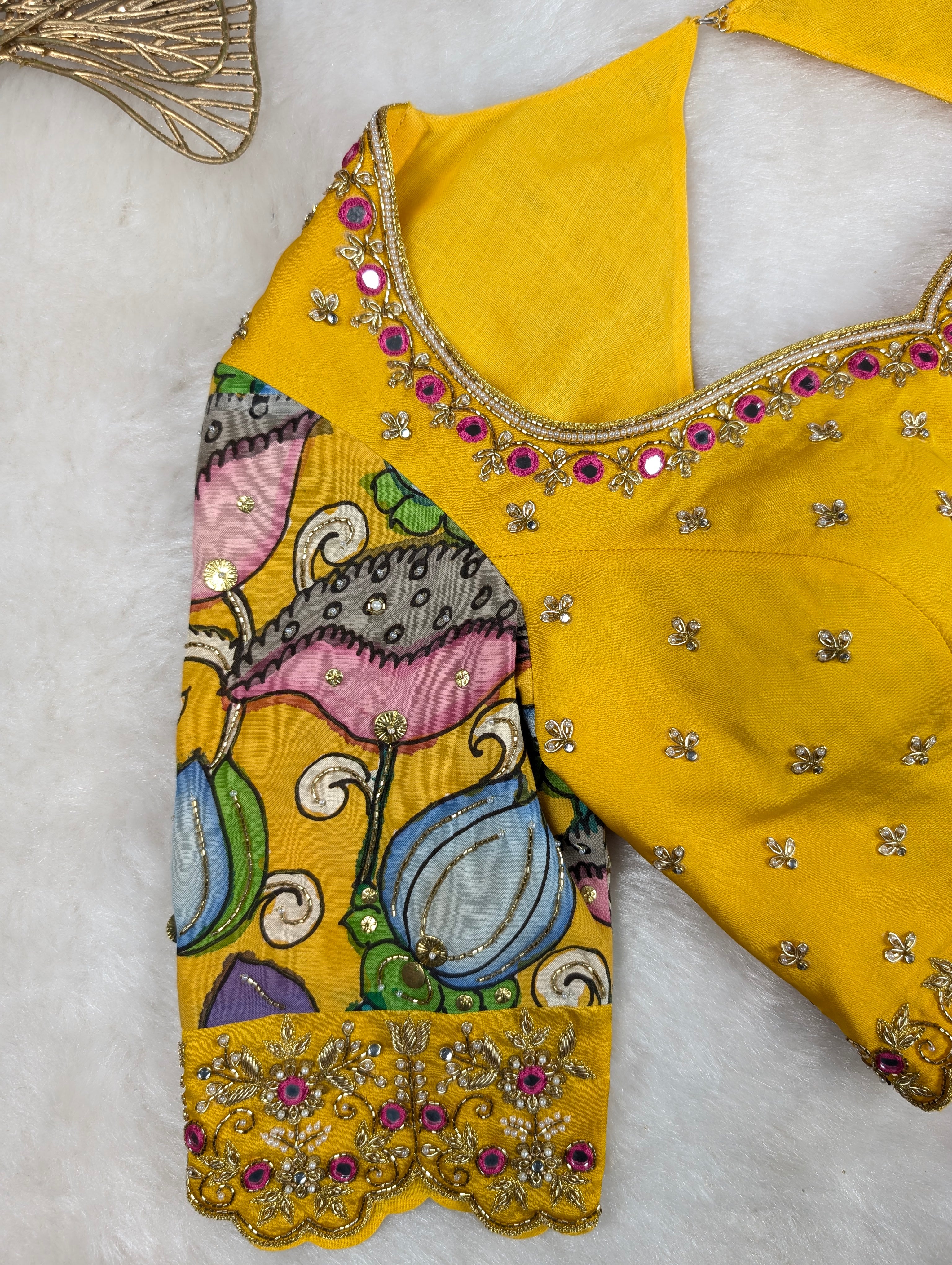 Yellow Hand Embroidered blouse with Pen kalamkari Sleeves