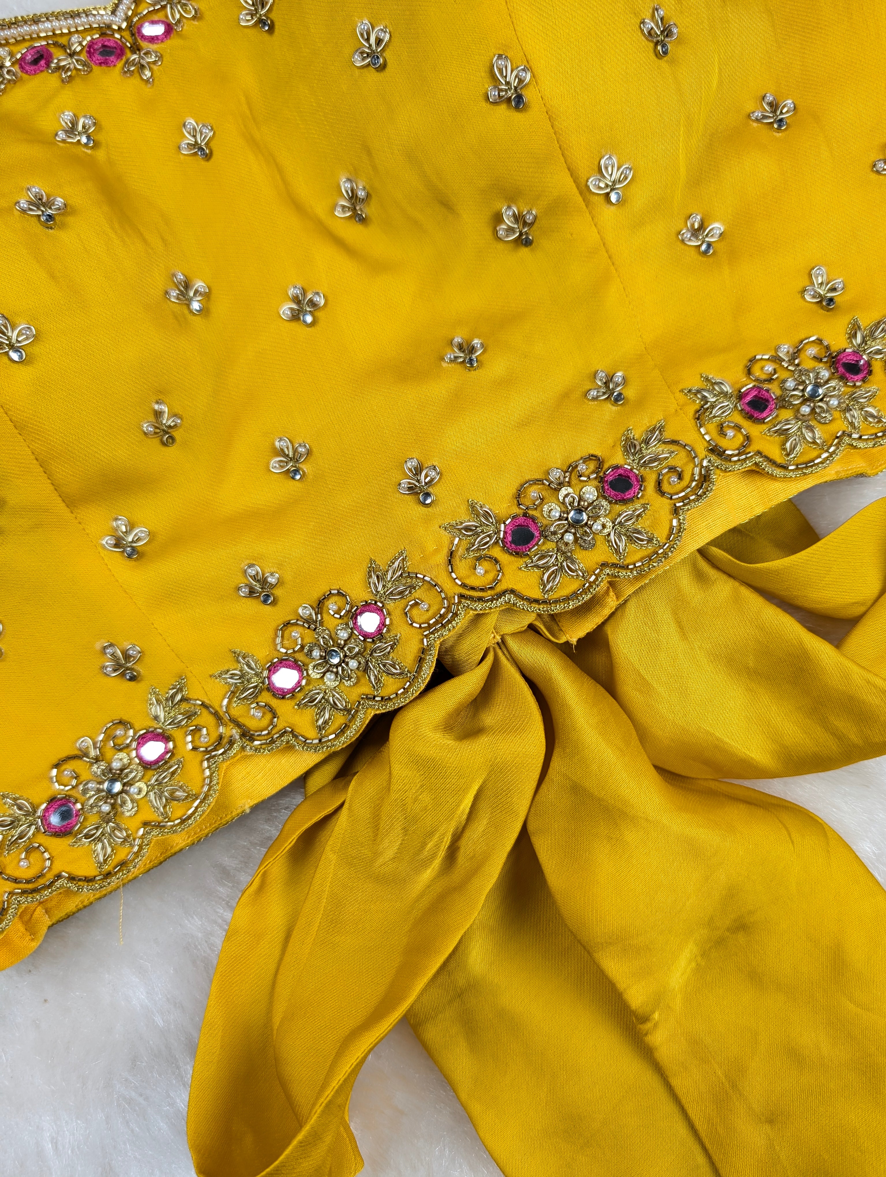 Yellow Hand Embroidered blouse with Pen kalamkari Sleeves