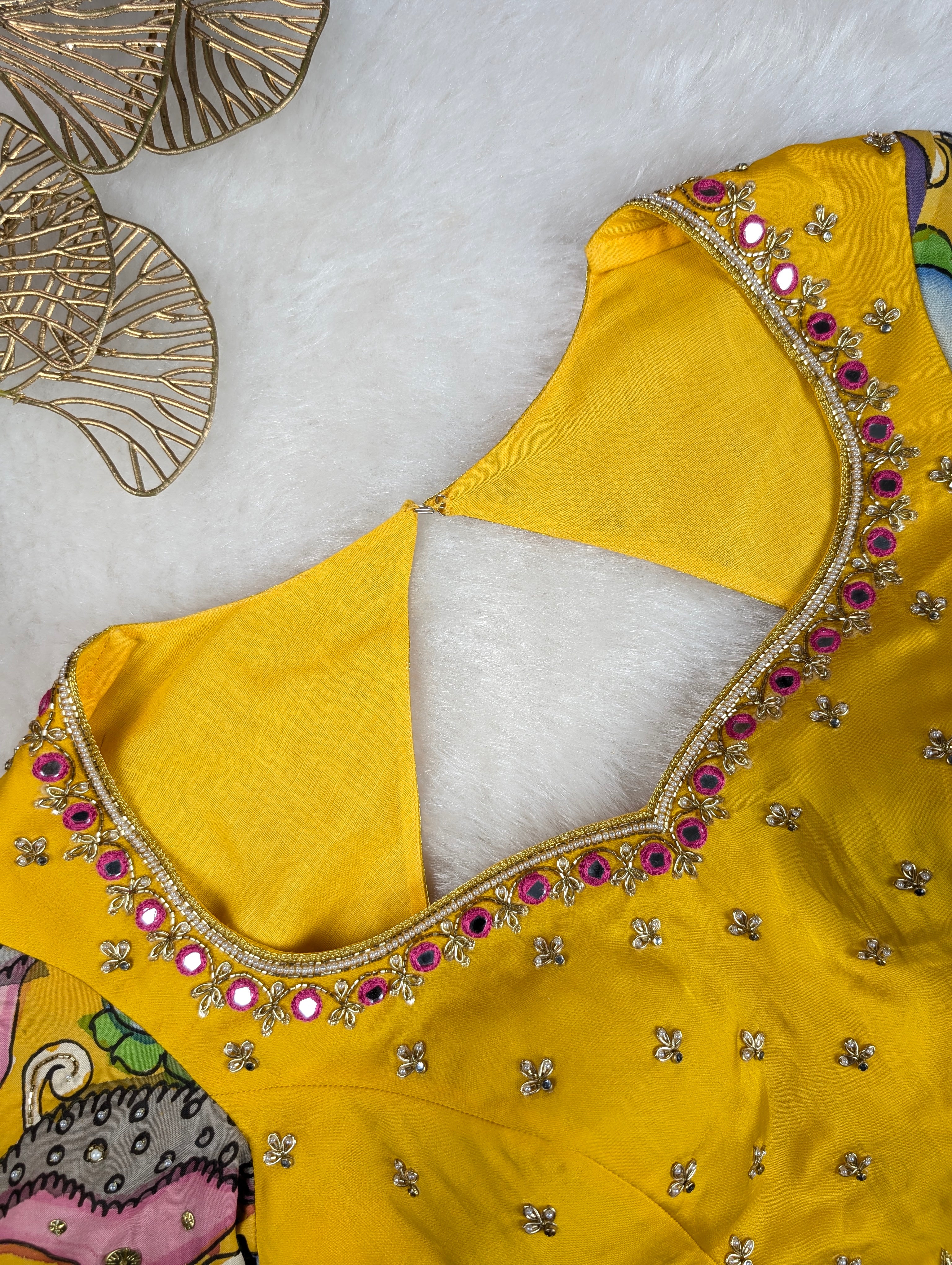 Yellow Hand Embroidered blouse with Pen kalamkari Sleeves