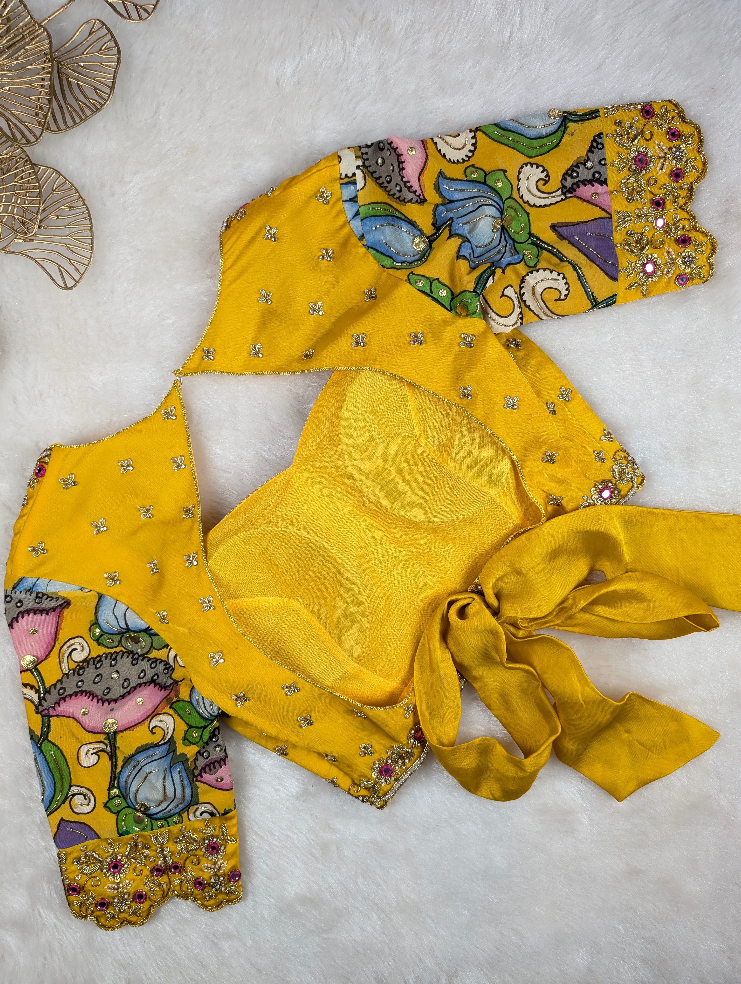 Yellow Hand Embroidered blouse with Pen kalamkari Sleeves