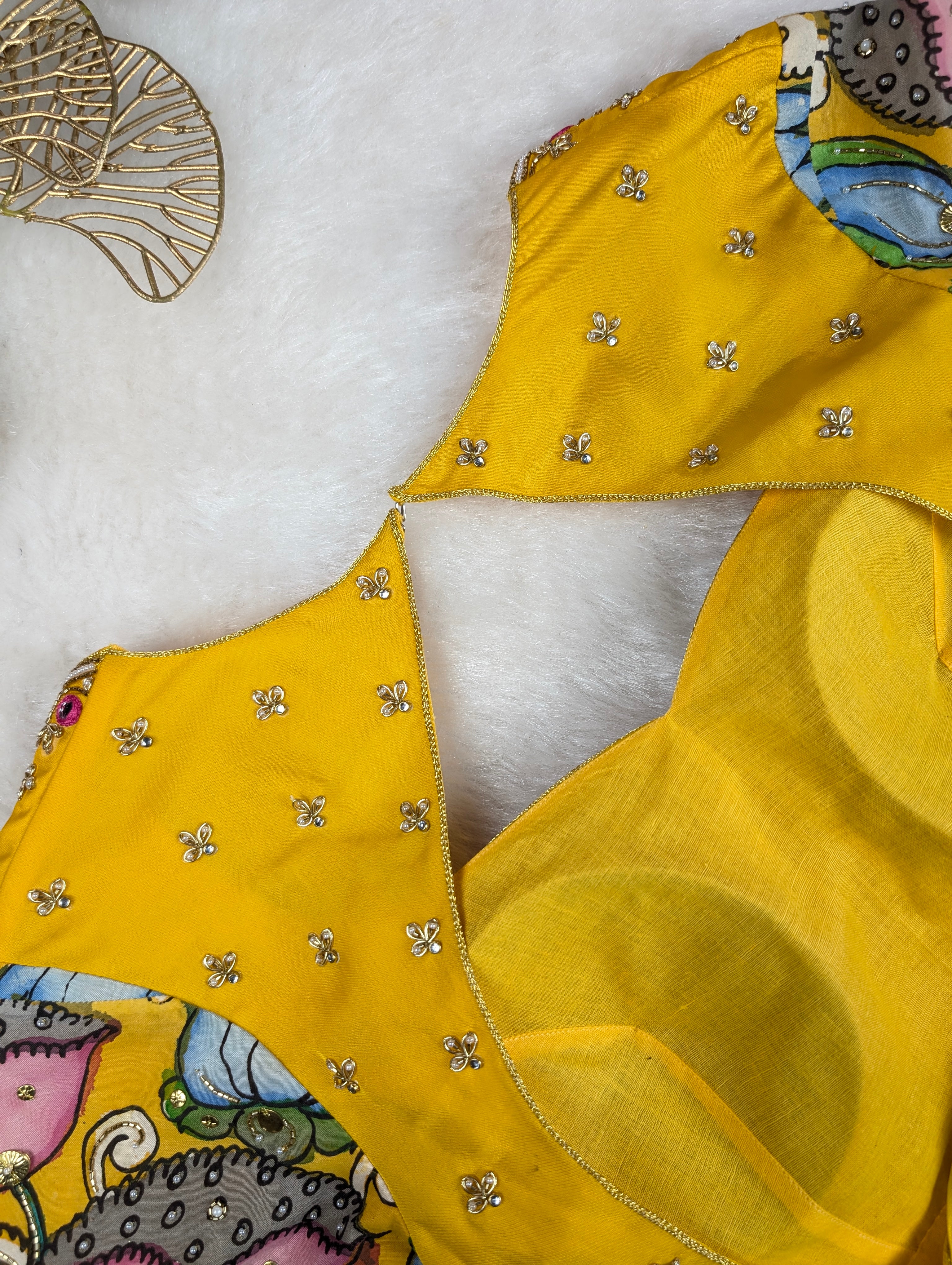 Yellow Hand Embroidered blouse with Pen kalamkari Sleeves