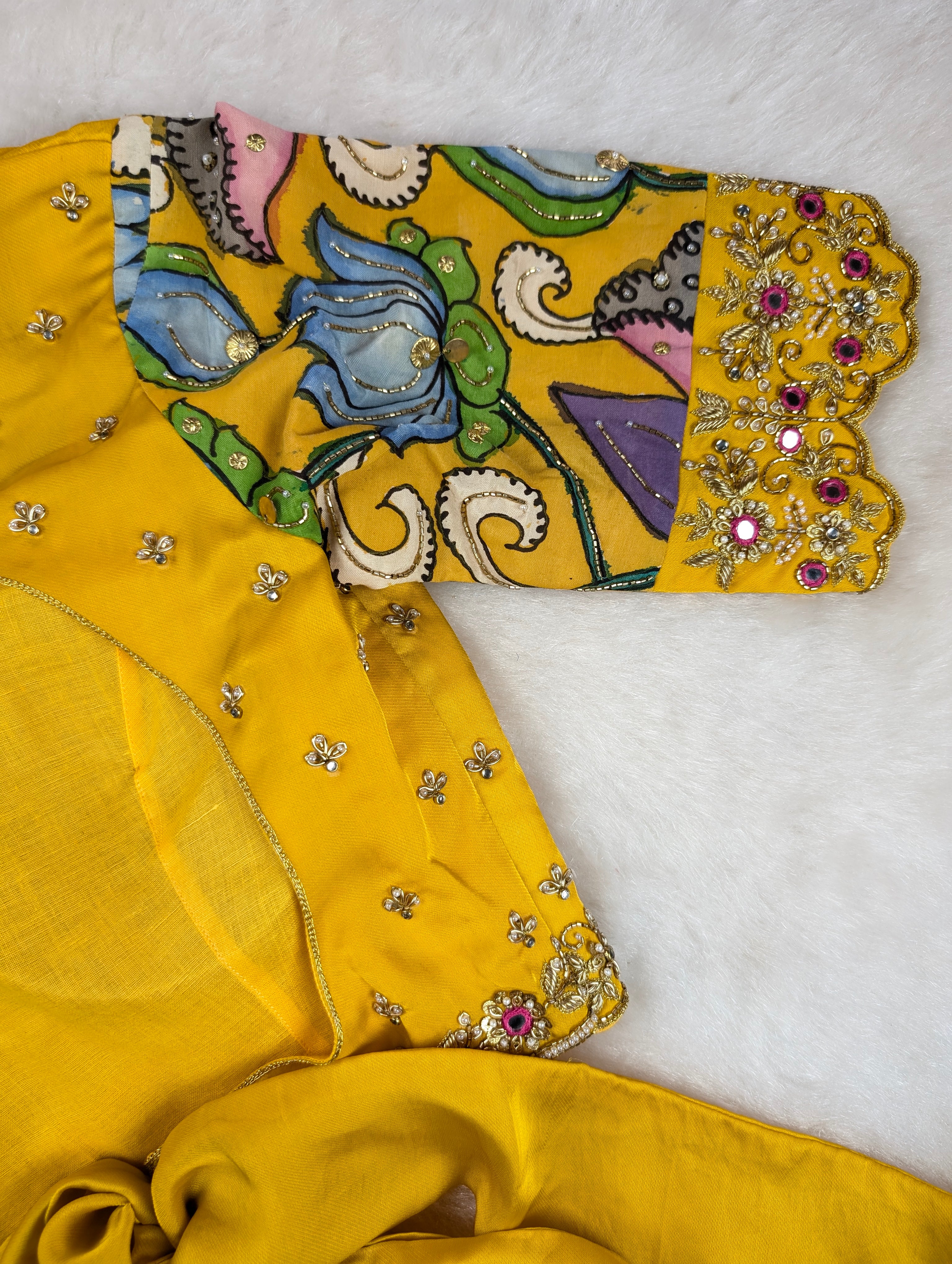 Yellow Hand Embroidered blouse with Pen kalamkari Sleeves