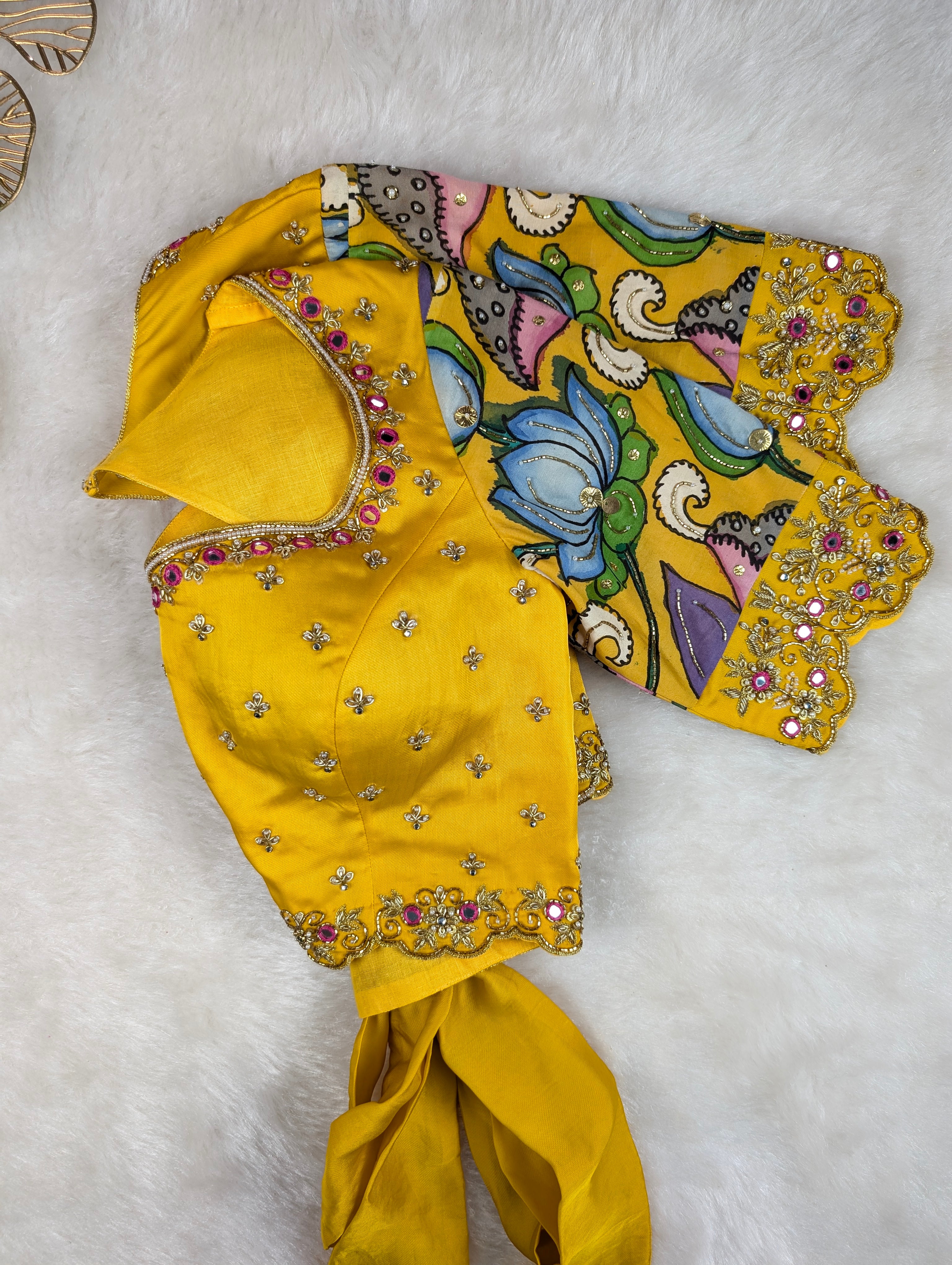 Yellow Hand Embroidered blouse with Pen kalamkari Sleeves
