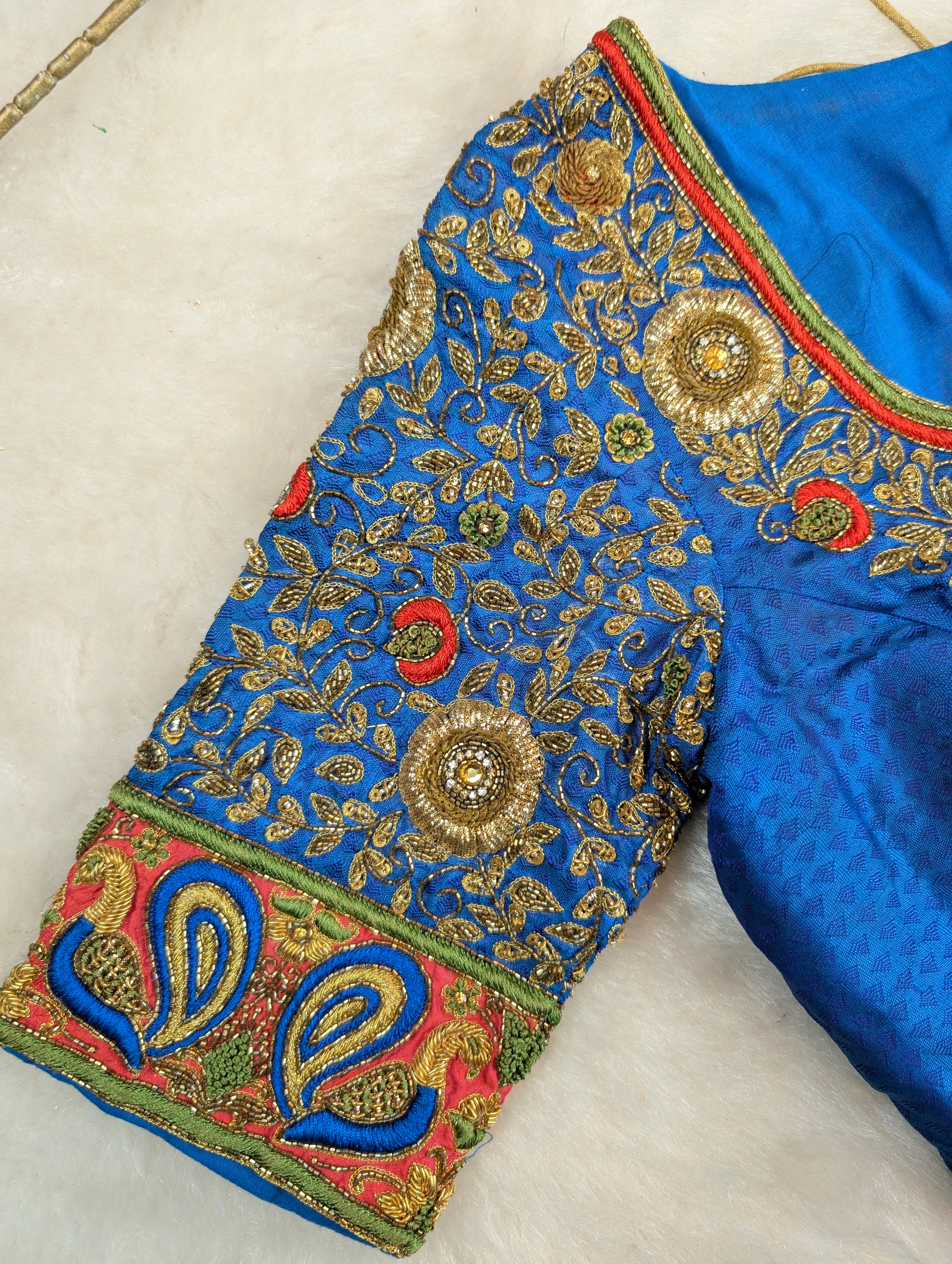 Royal Blue Heavy Hand Embroidered Silk Blouse with Multicolor Zari Embroidery