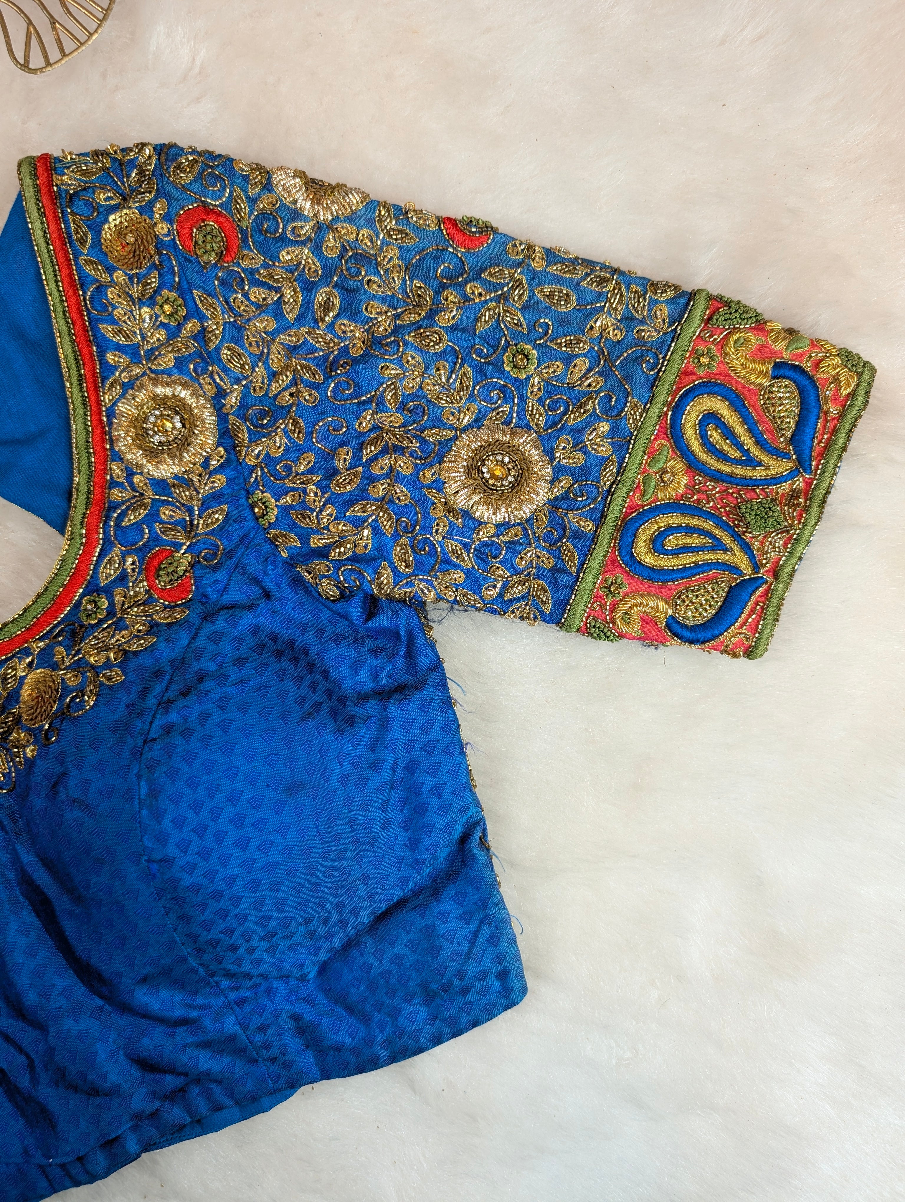 Royal Blue Heavy Hand Embroidered Silk Blouse with Multicolor Zari Embroidery