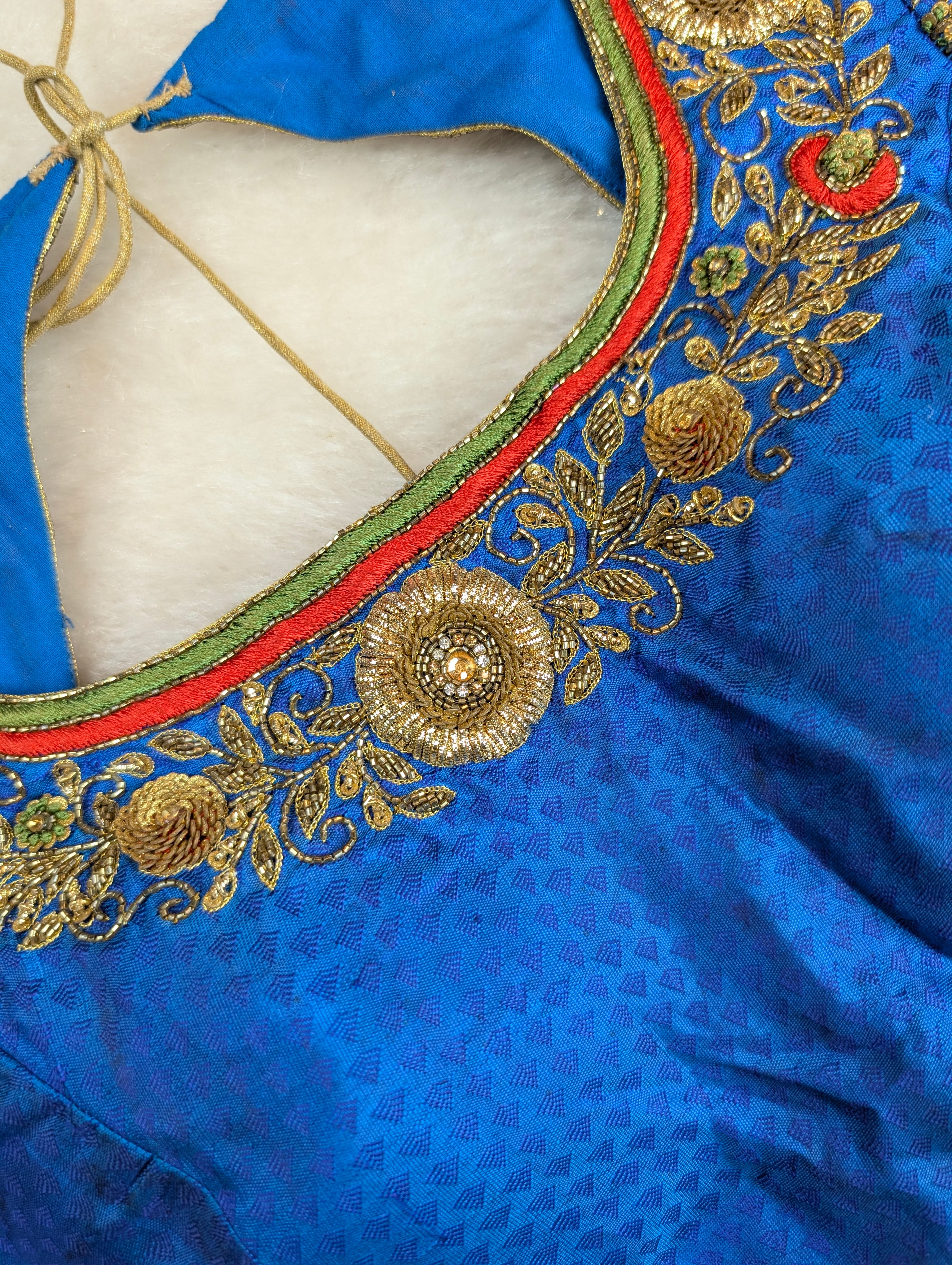 Royal Blue Heavy Hand Embroidered Silk Blouse with Multicolor Zari Embroidery