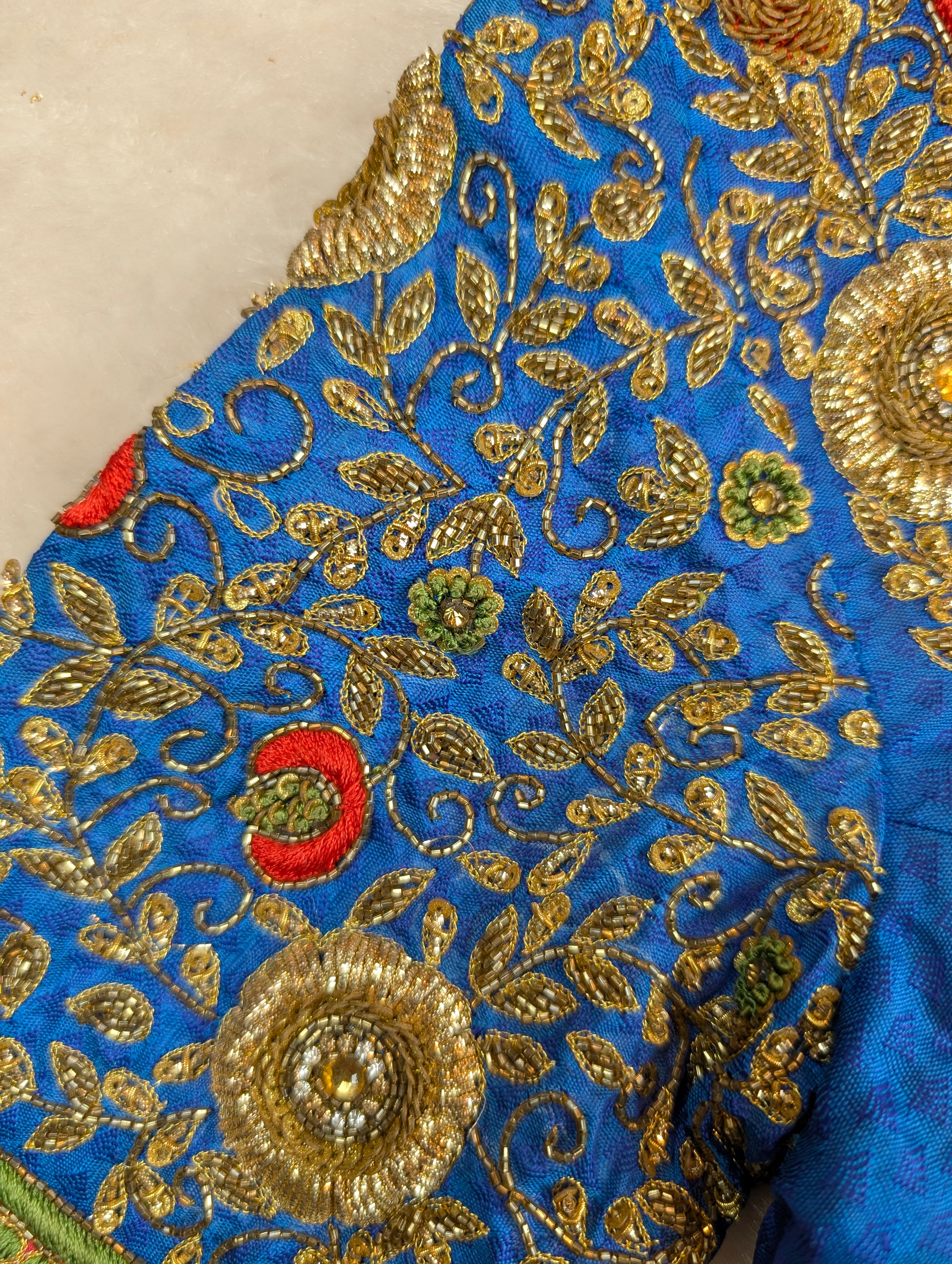 Royal Blue Heavy Hand Embroidered Silk Blouse with Multicolor Zari Embroidery