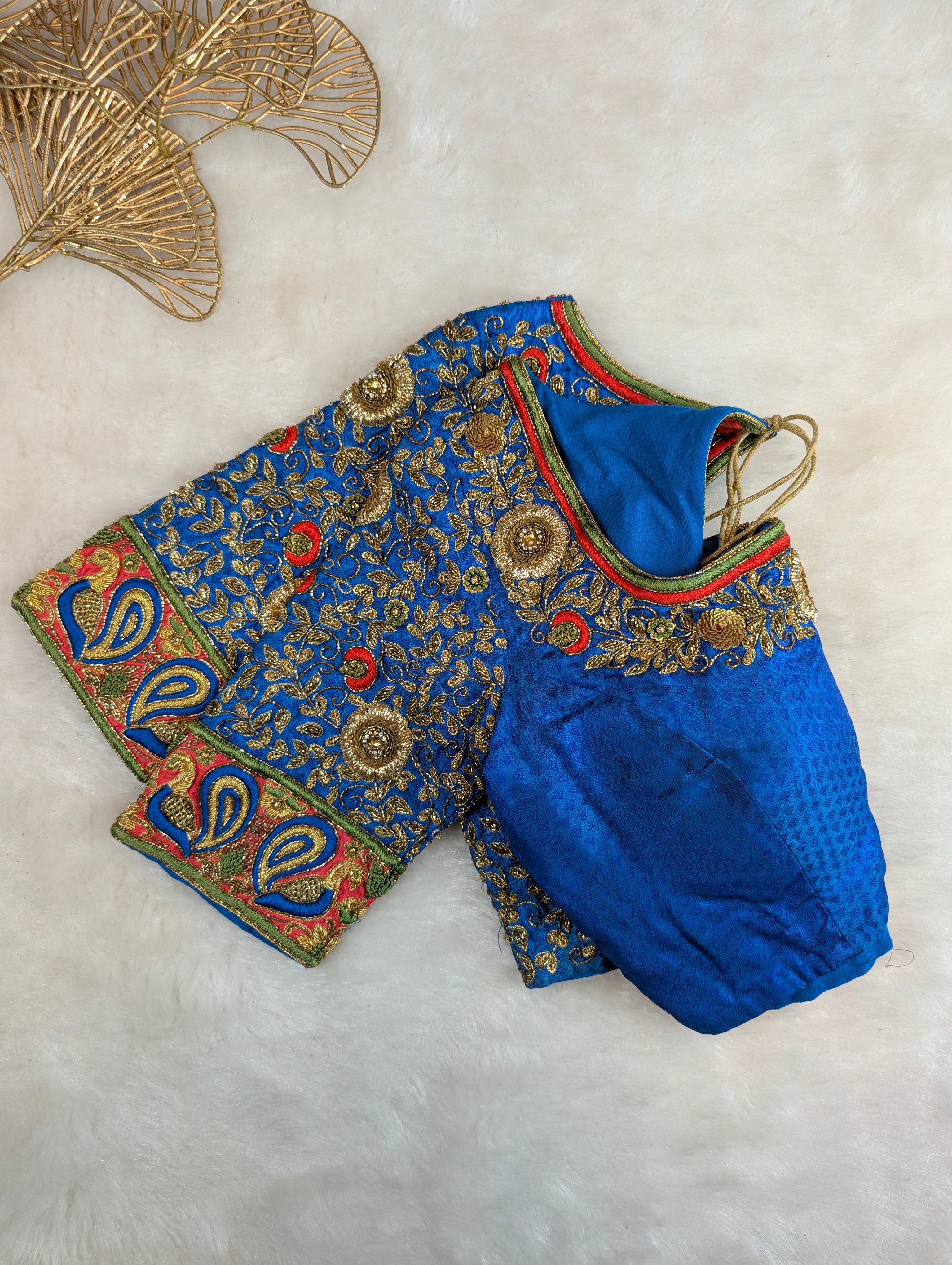 Royal Blue Heavy Hand Embroidered Silk Blouse with Multicolor Zari Embroidery