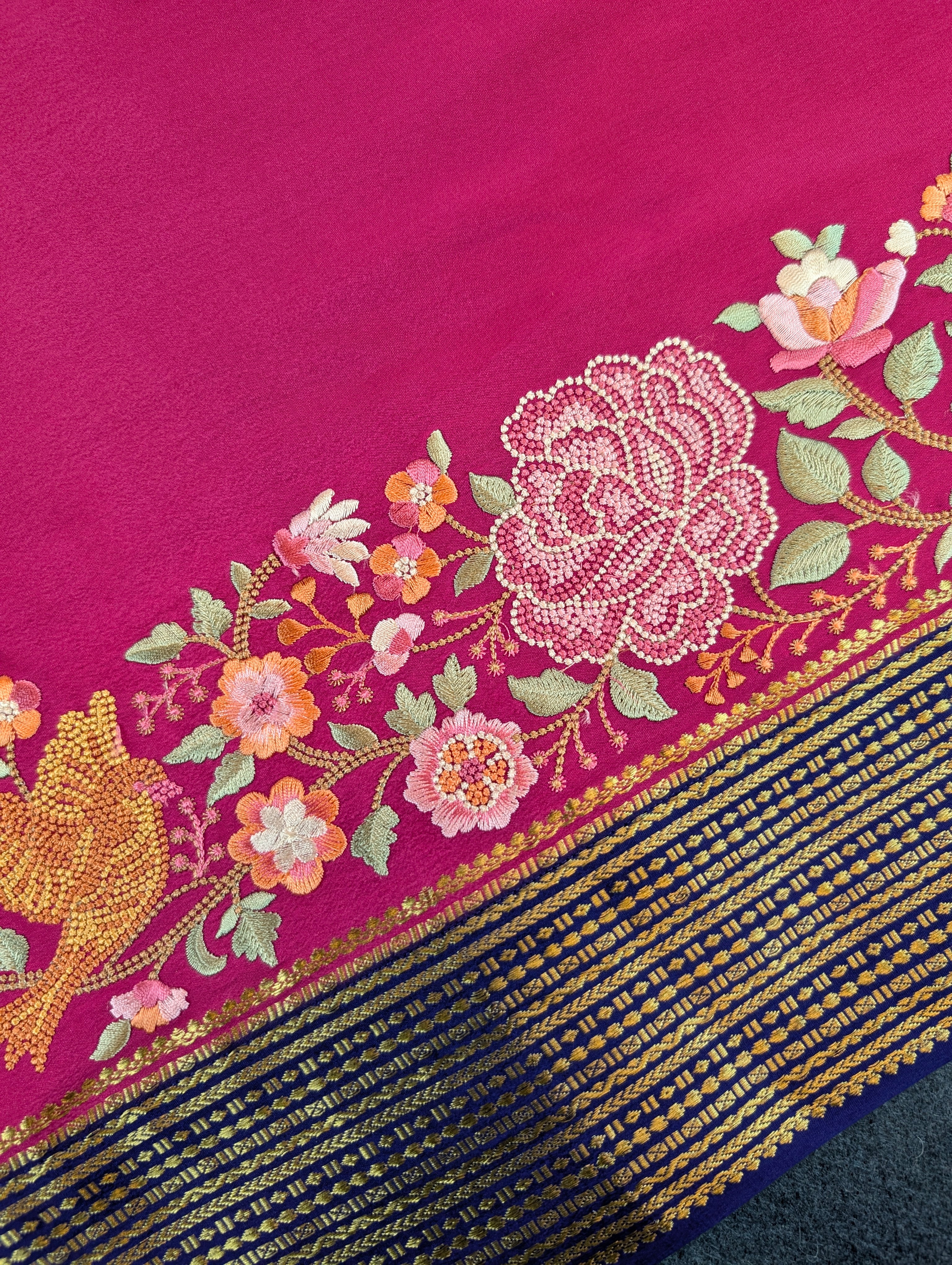 Pure Mysore Silk Crepe - Rani Pink with Blue