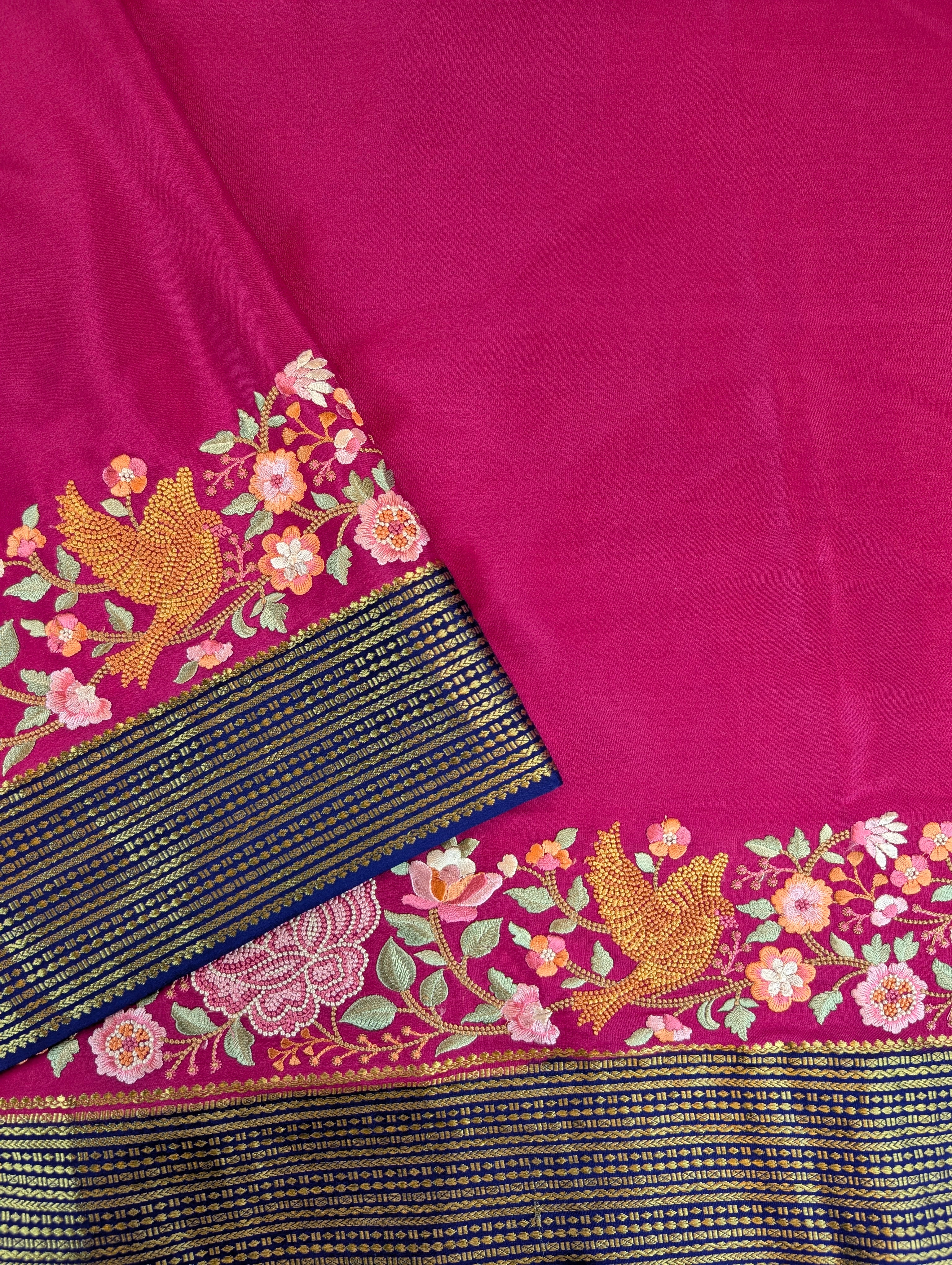 Pure Mysore Silk Crepe - Rani Pink with Blue