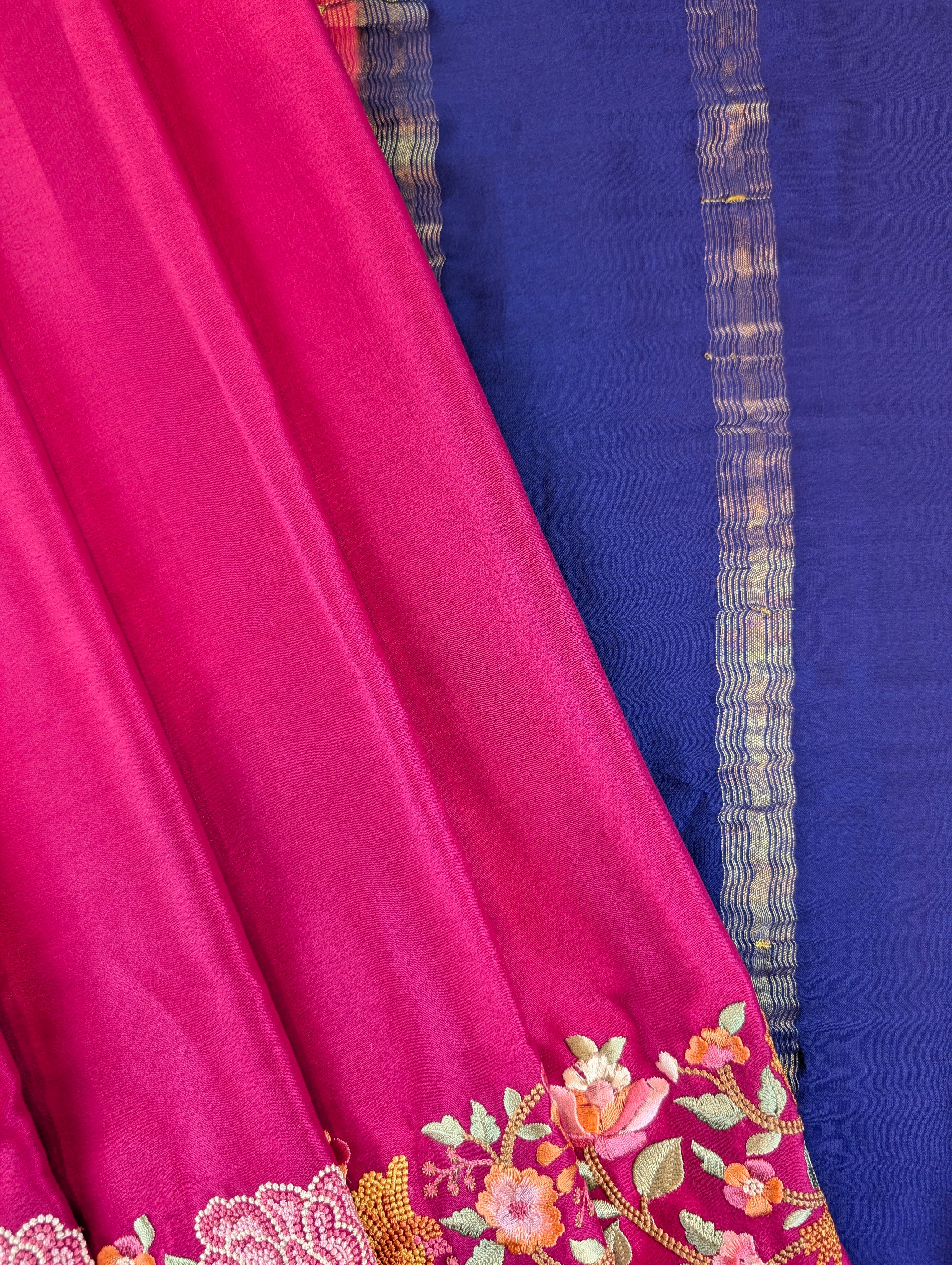 Pure Mysore Silk Crepe - Rani Pink with Blue