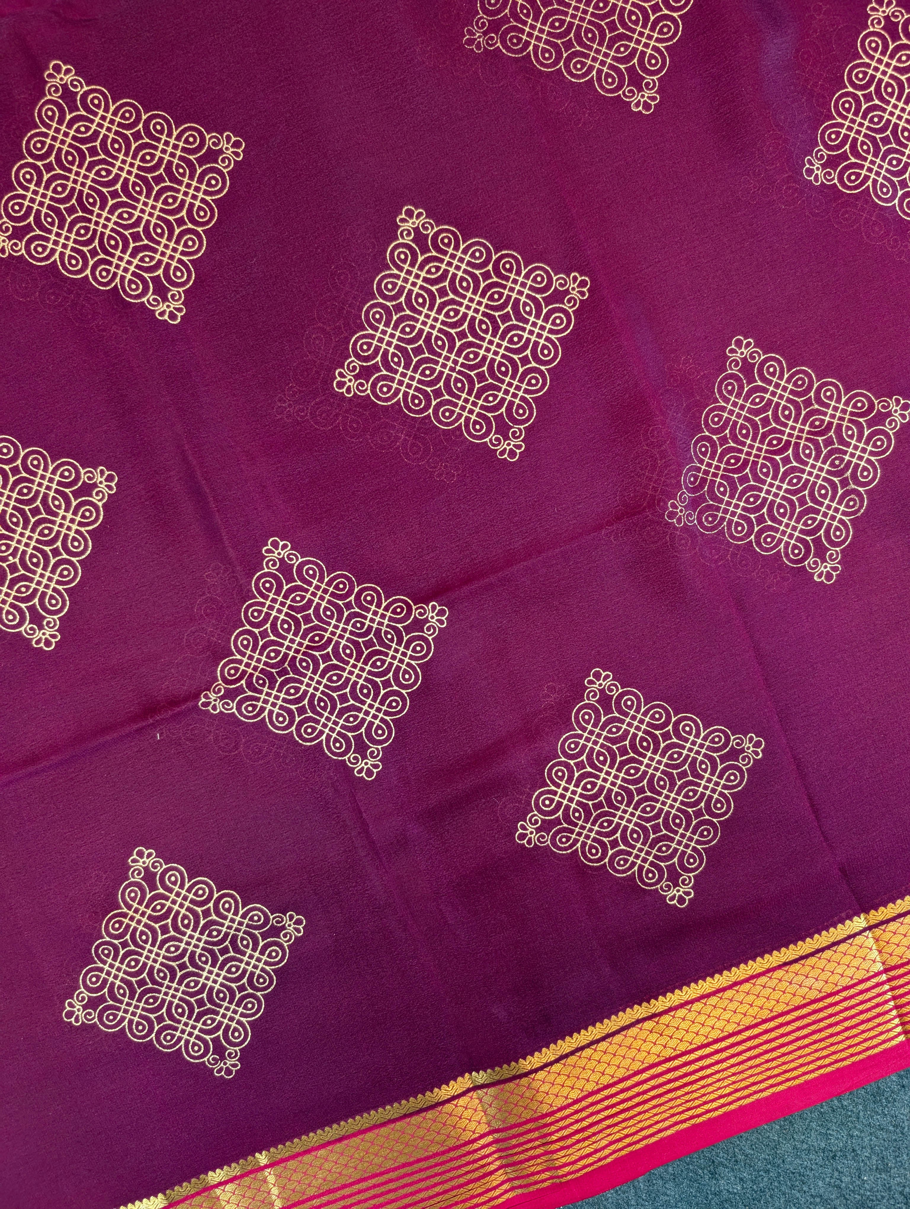 Pure Mysore Silk Crepe - Elegant Maroon Saree with Intricate Muggu Design