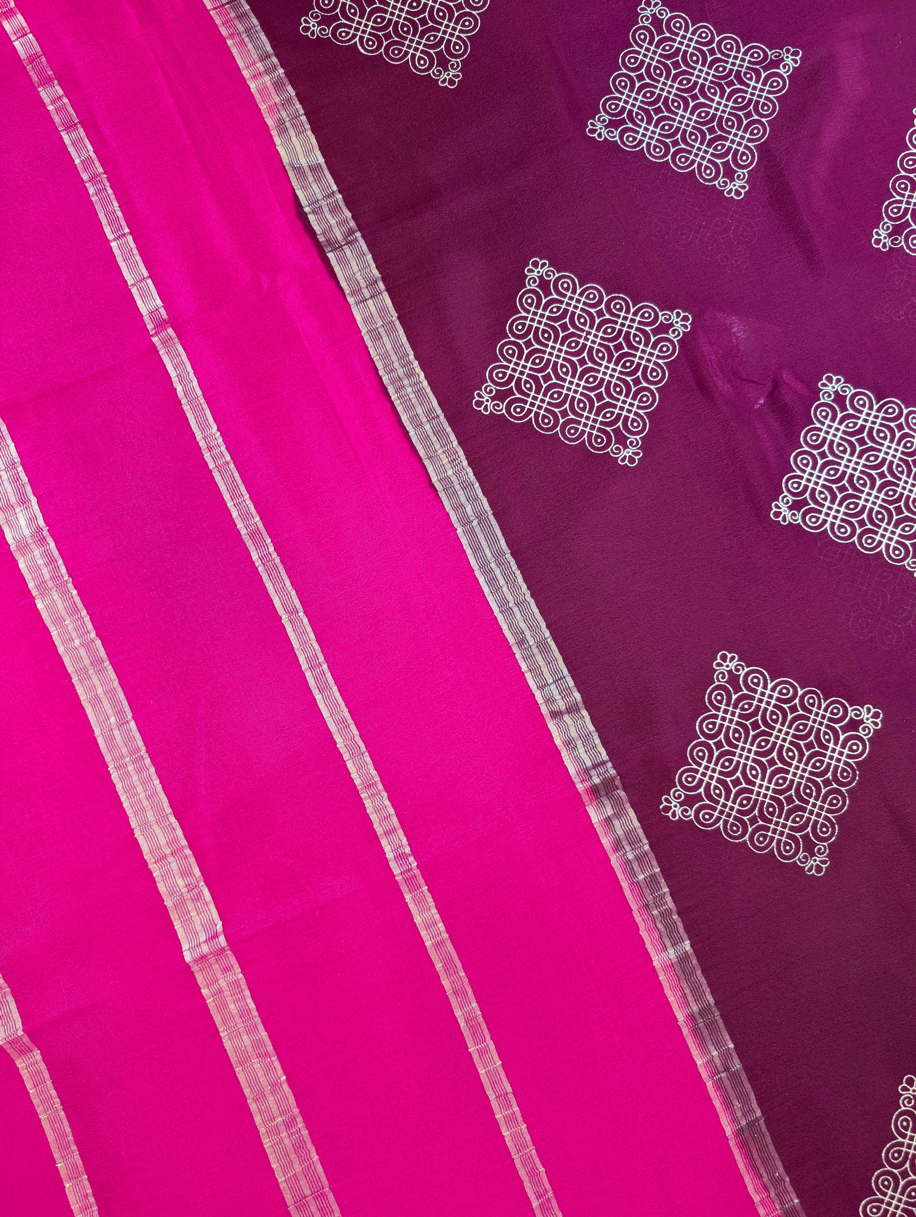 Pure Mysore Silk Crepe - Elegant Maroon Saree with Intricate Muggu Design