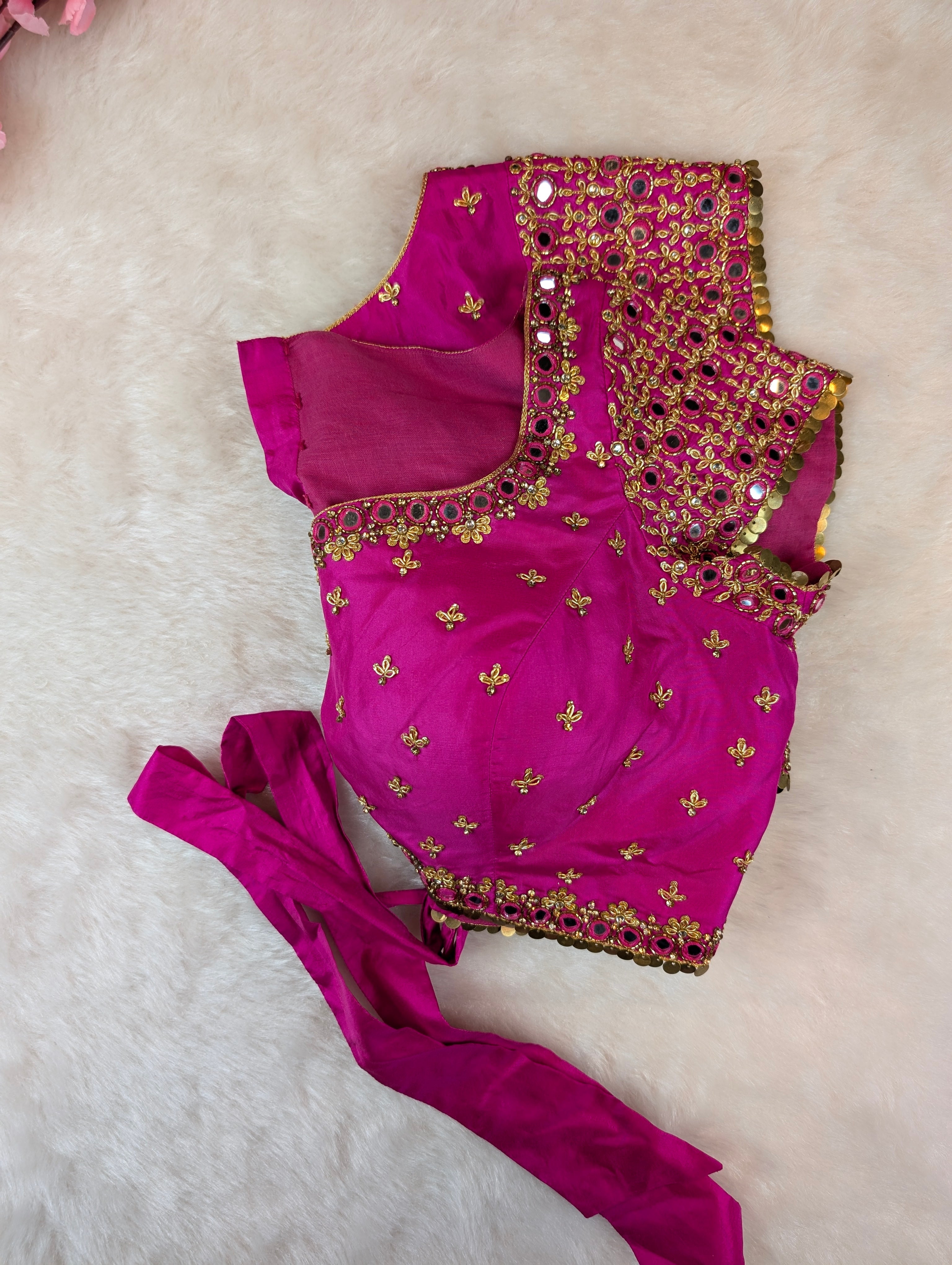 Mirror-Work Pink Tie-Back Blouse