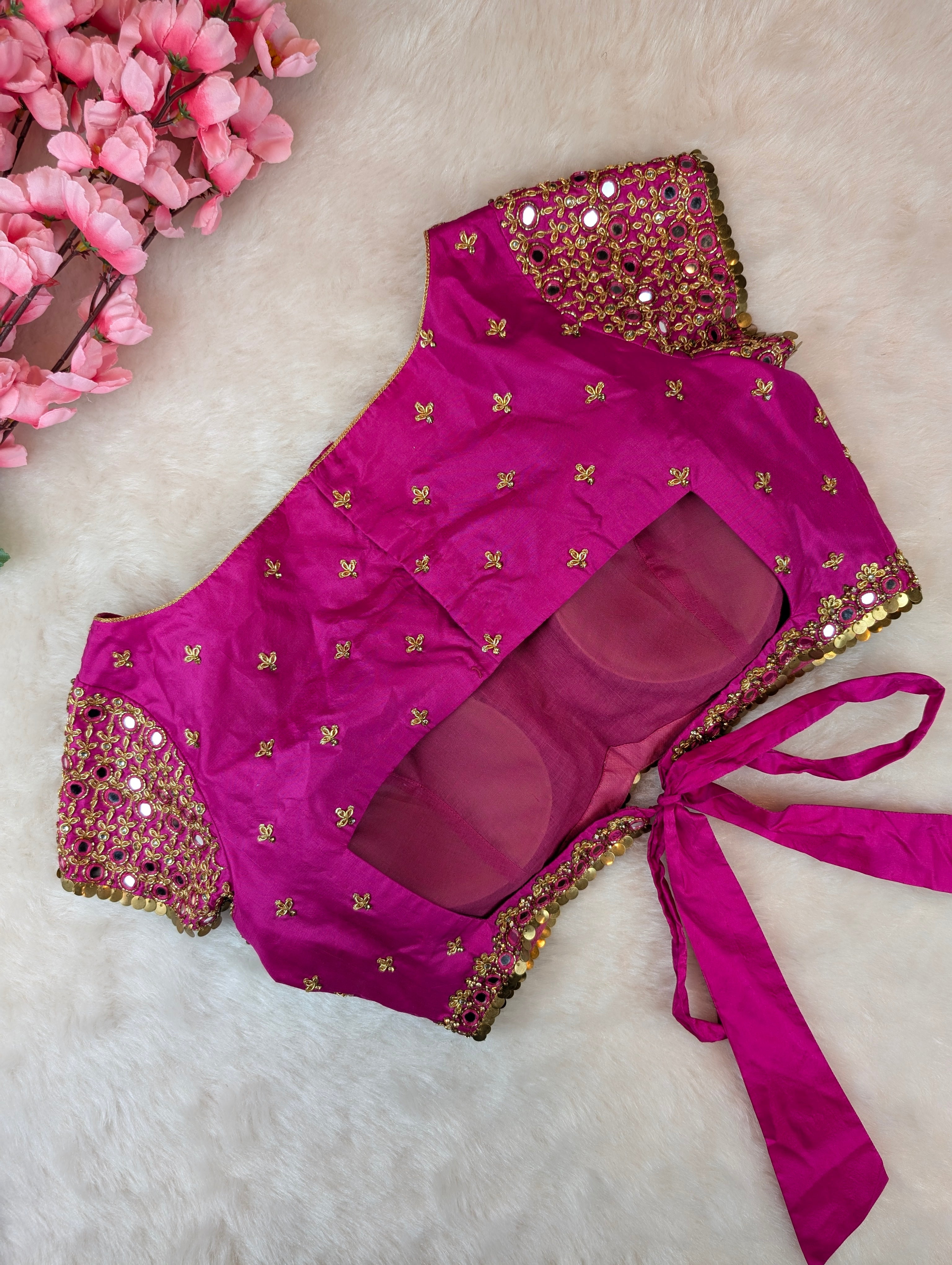 Mirror-Work Pink Tie-Back Blouse
