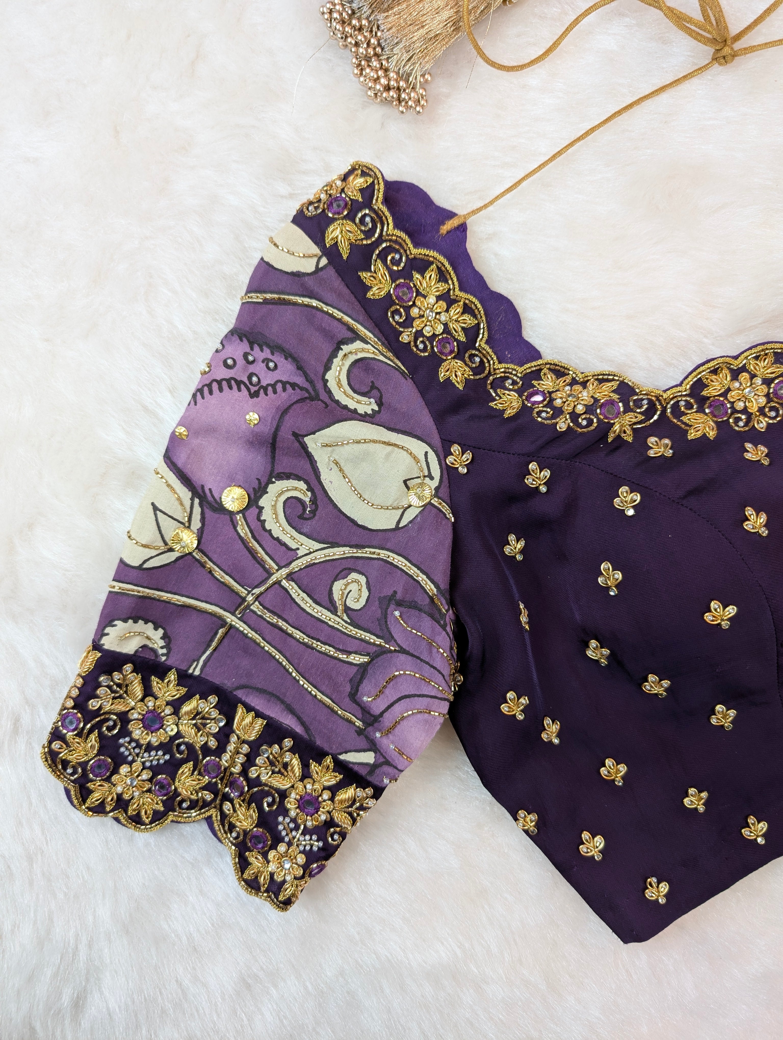 Violet Embroidered Blouse with Pen Kalamkari Sleeves
