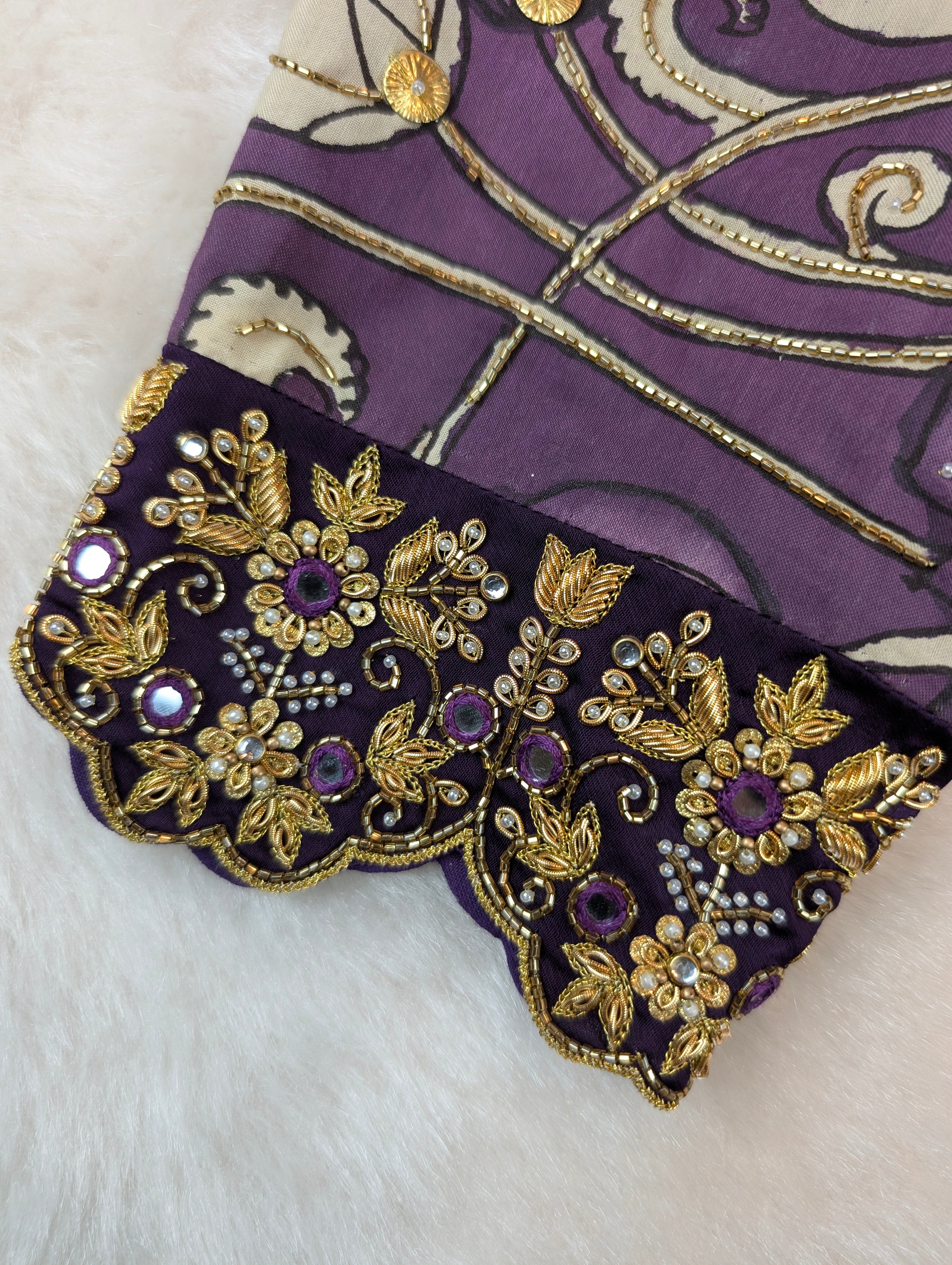 Violet Embroidered Blouse with Pen Kalamkari Sleeves