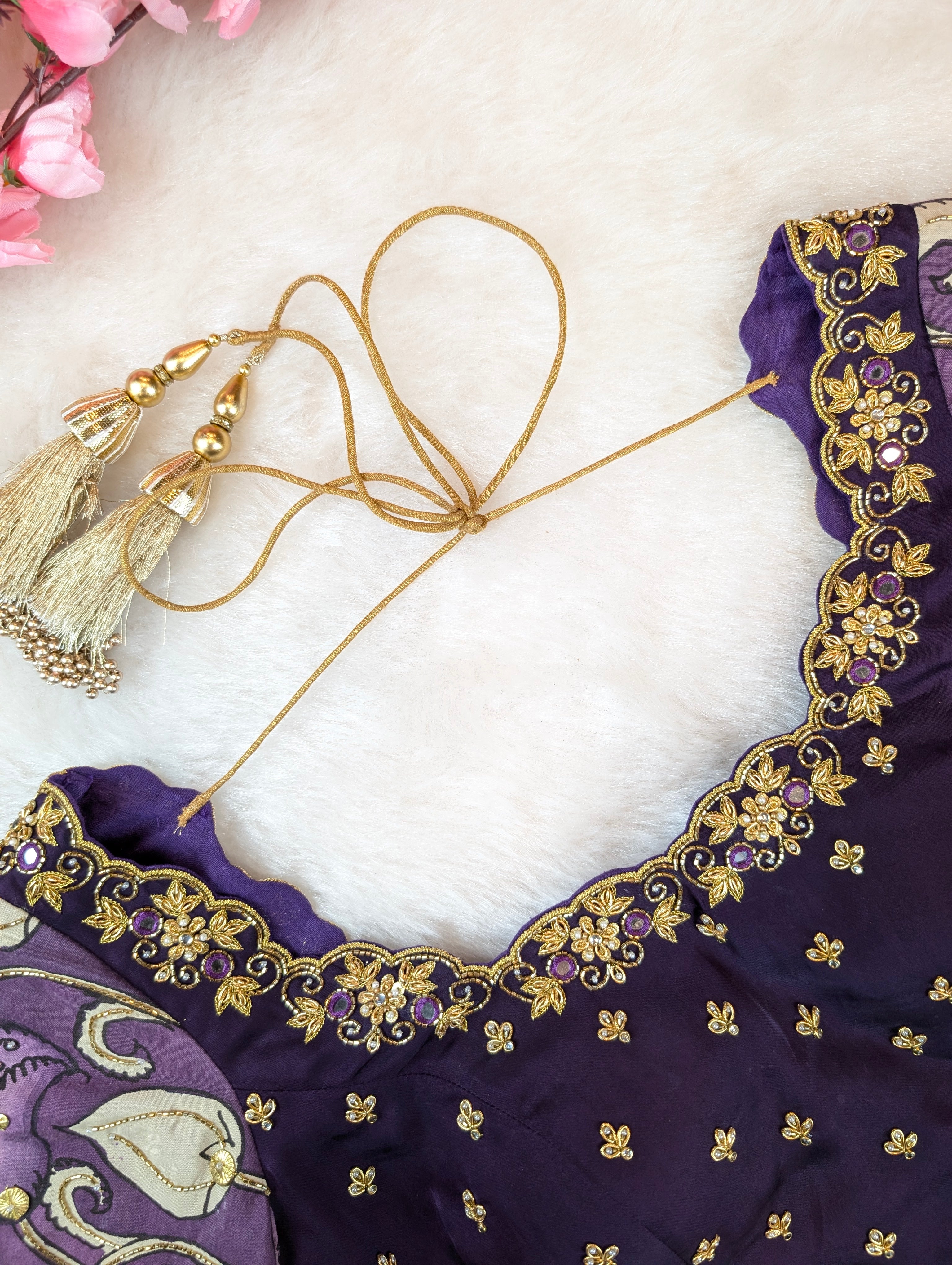 Violet Embroidered Blouse with Pen Kalamkari Sleeves