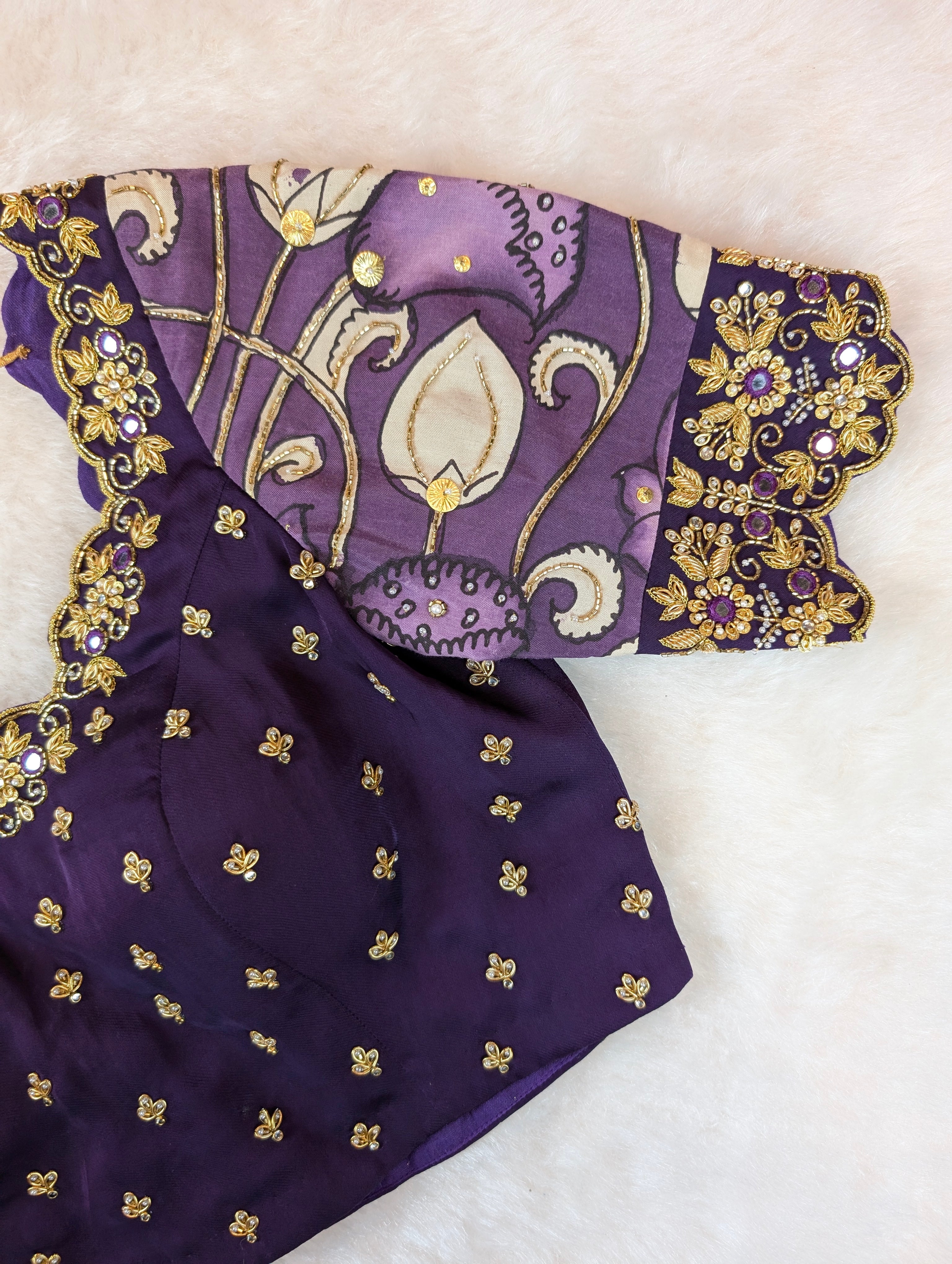Violet Embroidered Blouse with Pen Kalamkari Sleeves