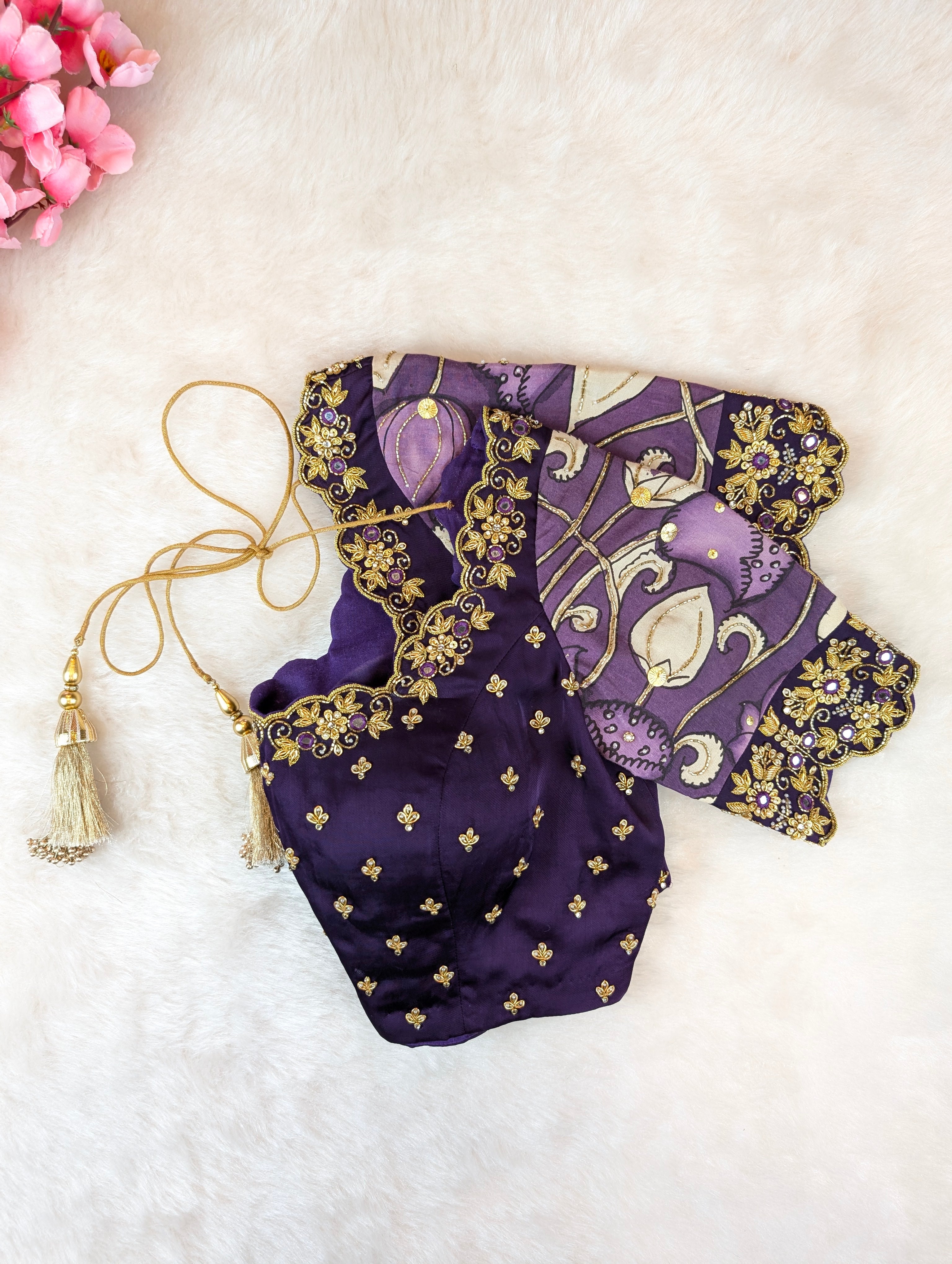 Violet Embroidered Blouse with Pen Kalamkari Sleeves
