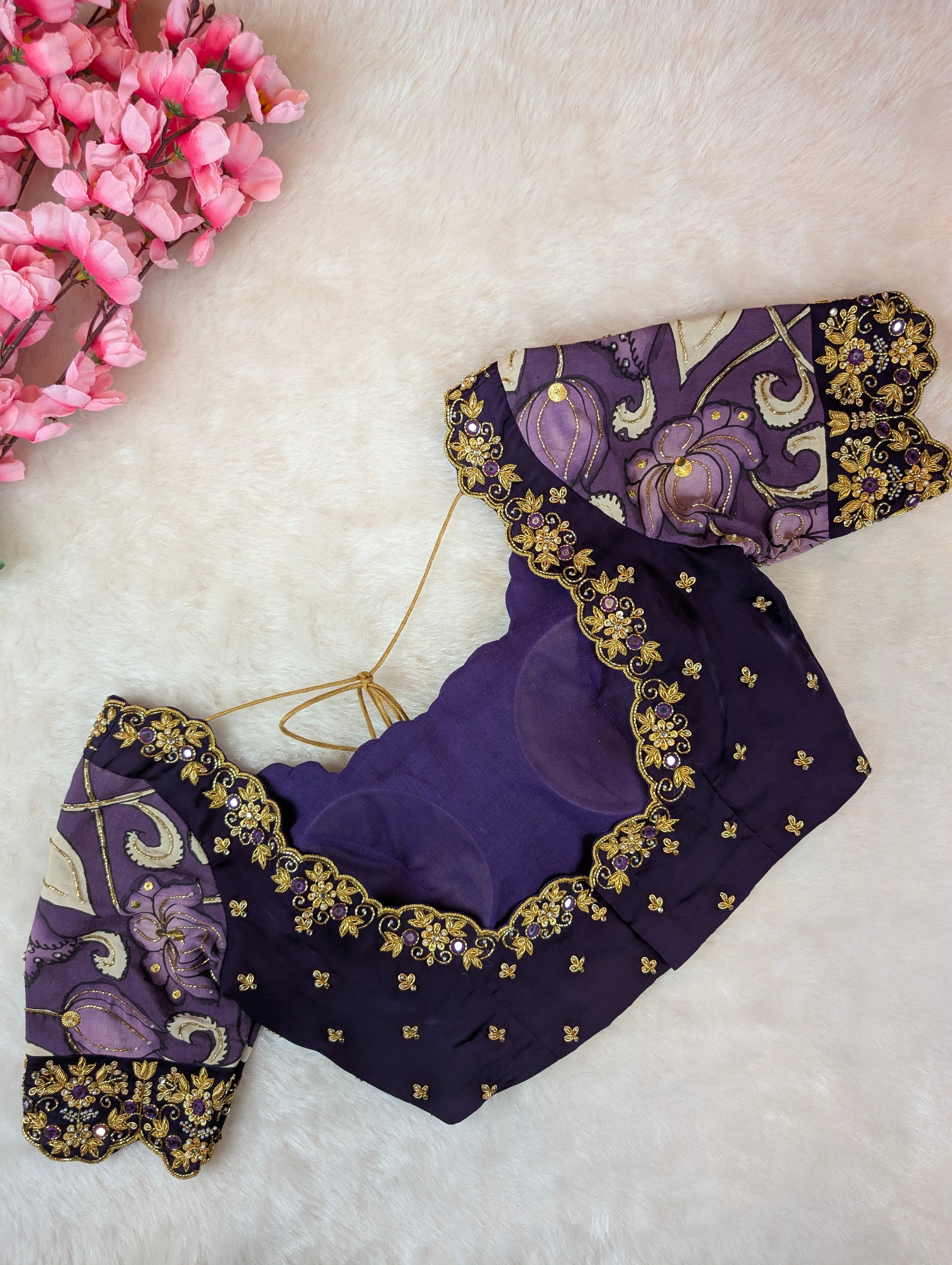 Violet Embroidered Blouse with Pen Kalamkari Sleeves