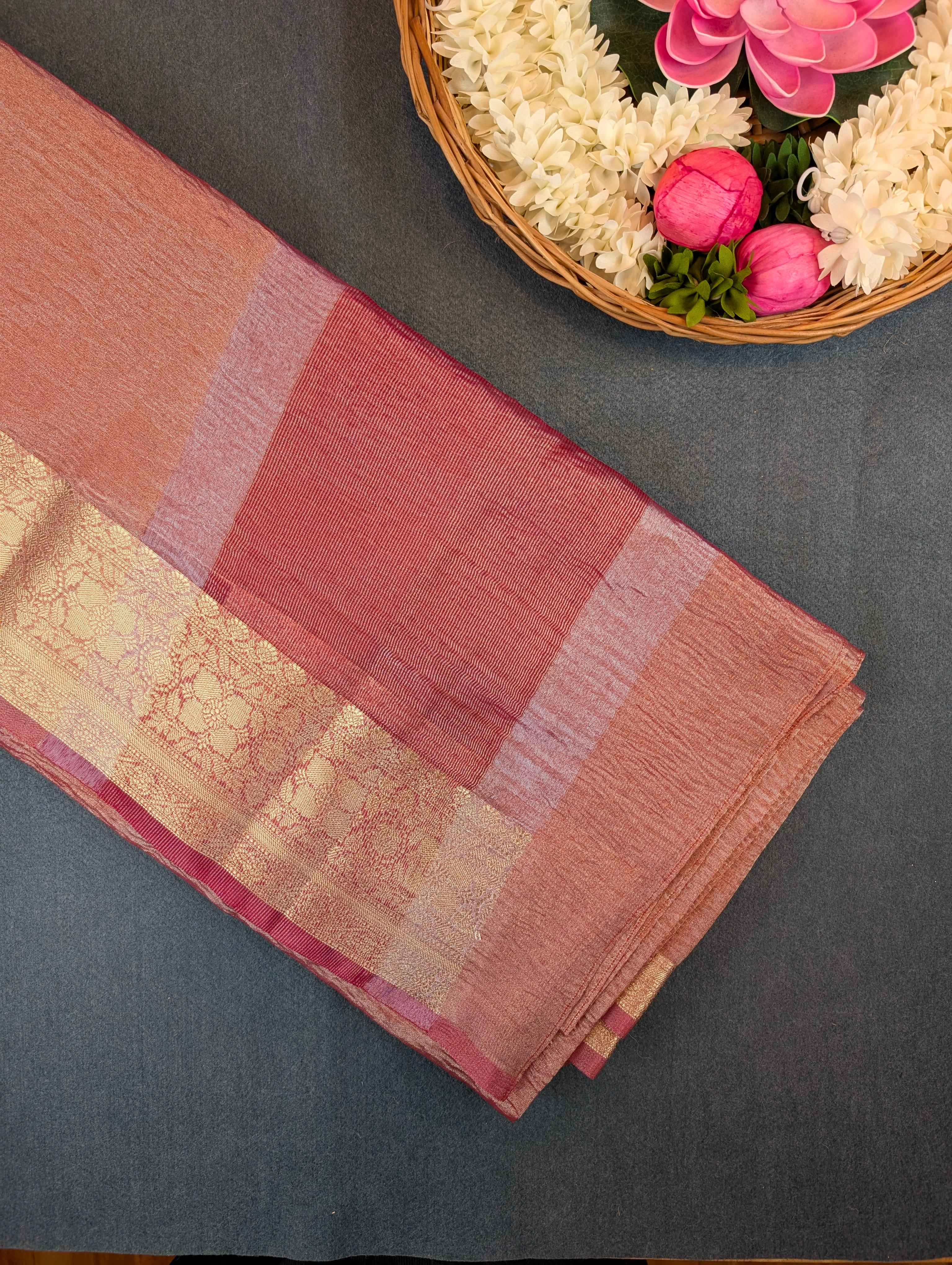 Rose Pink Tissue Saree with Stitched Blouse