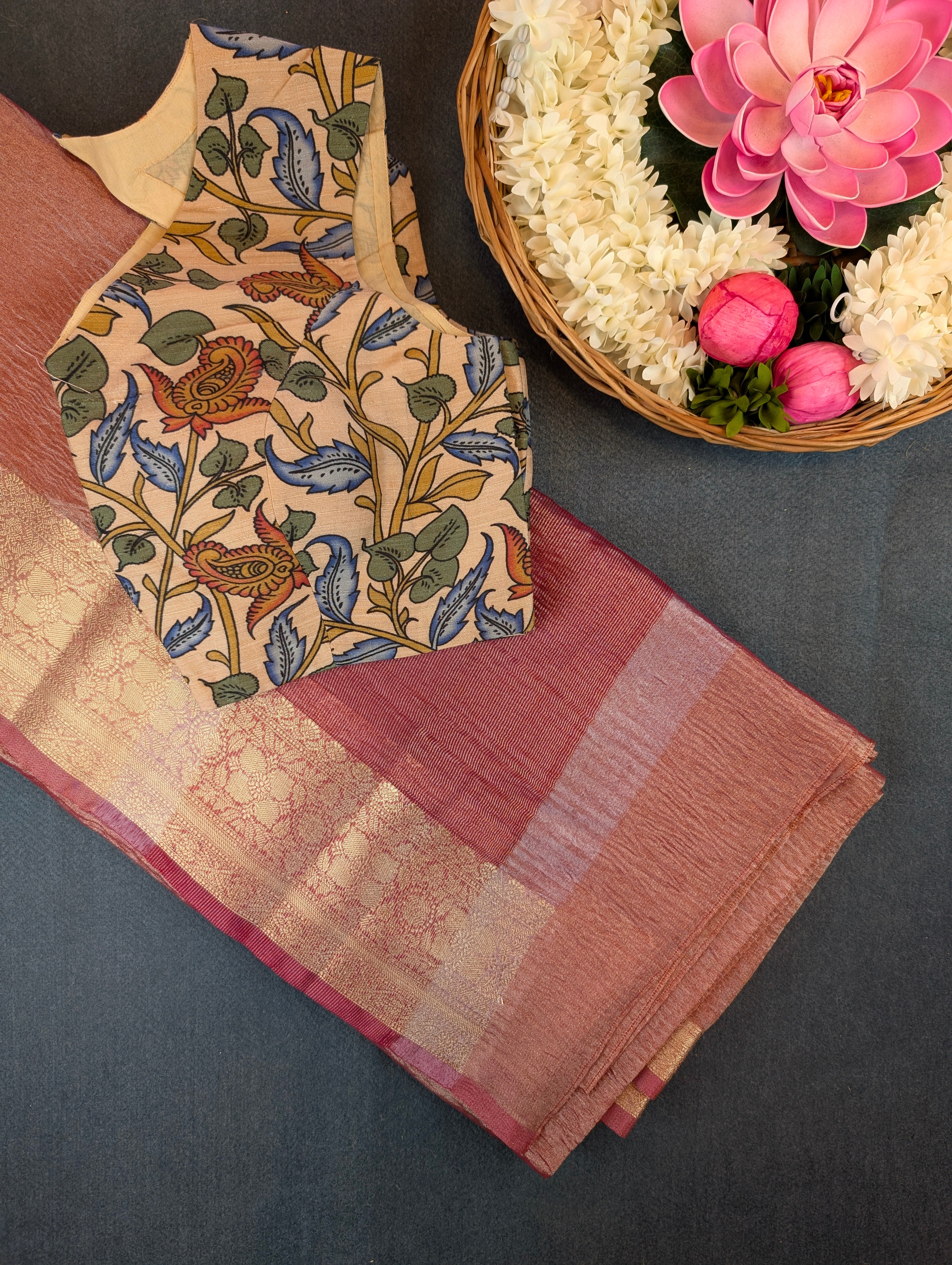 Rose Pink Tissue Saree with Stitched Blouse