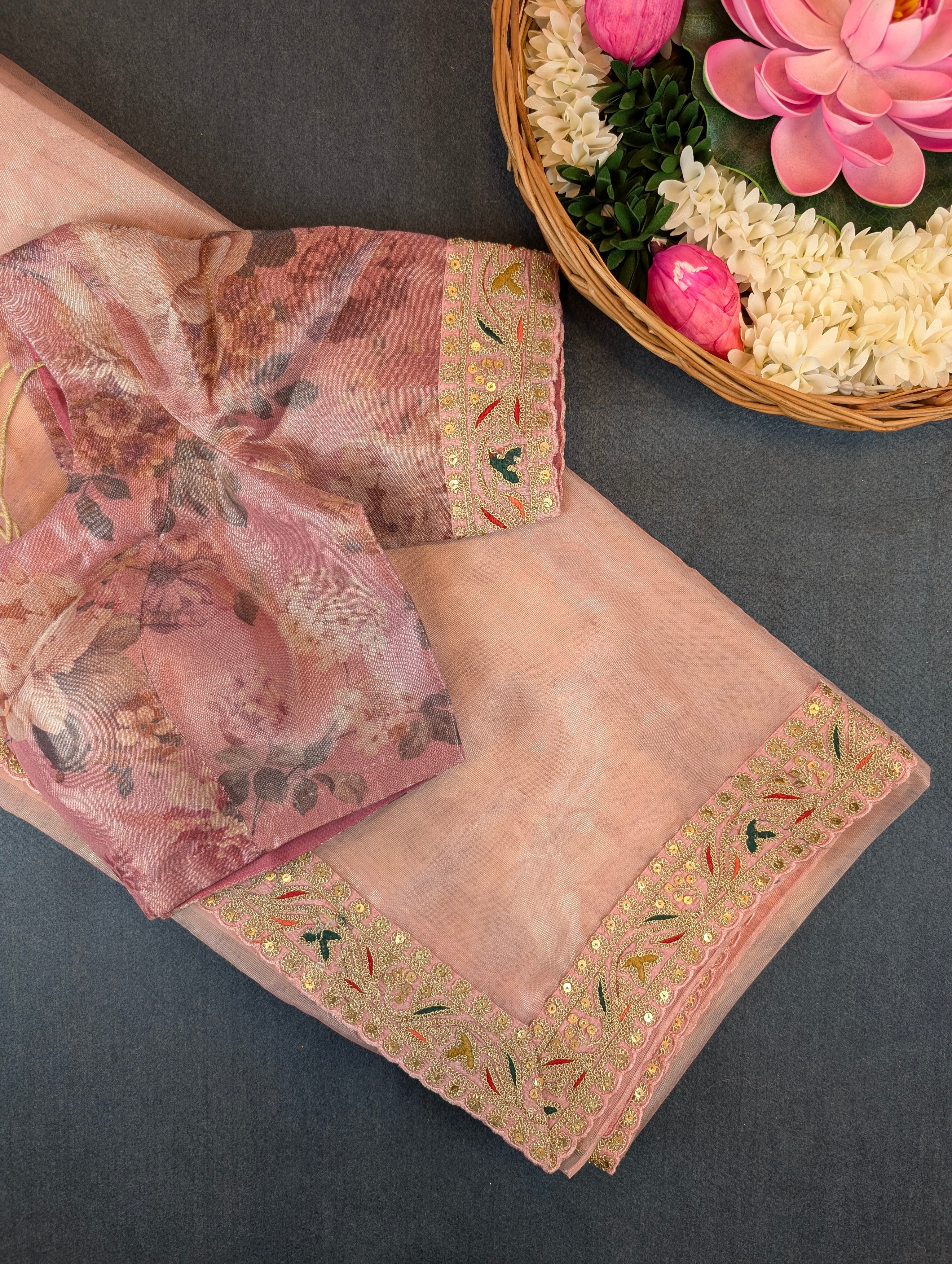 Pure Tissue Silk Saree with a Stitched Blouse - Peach
