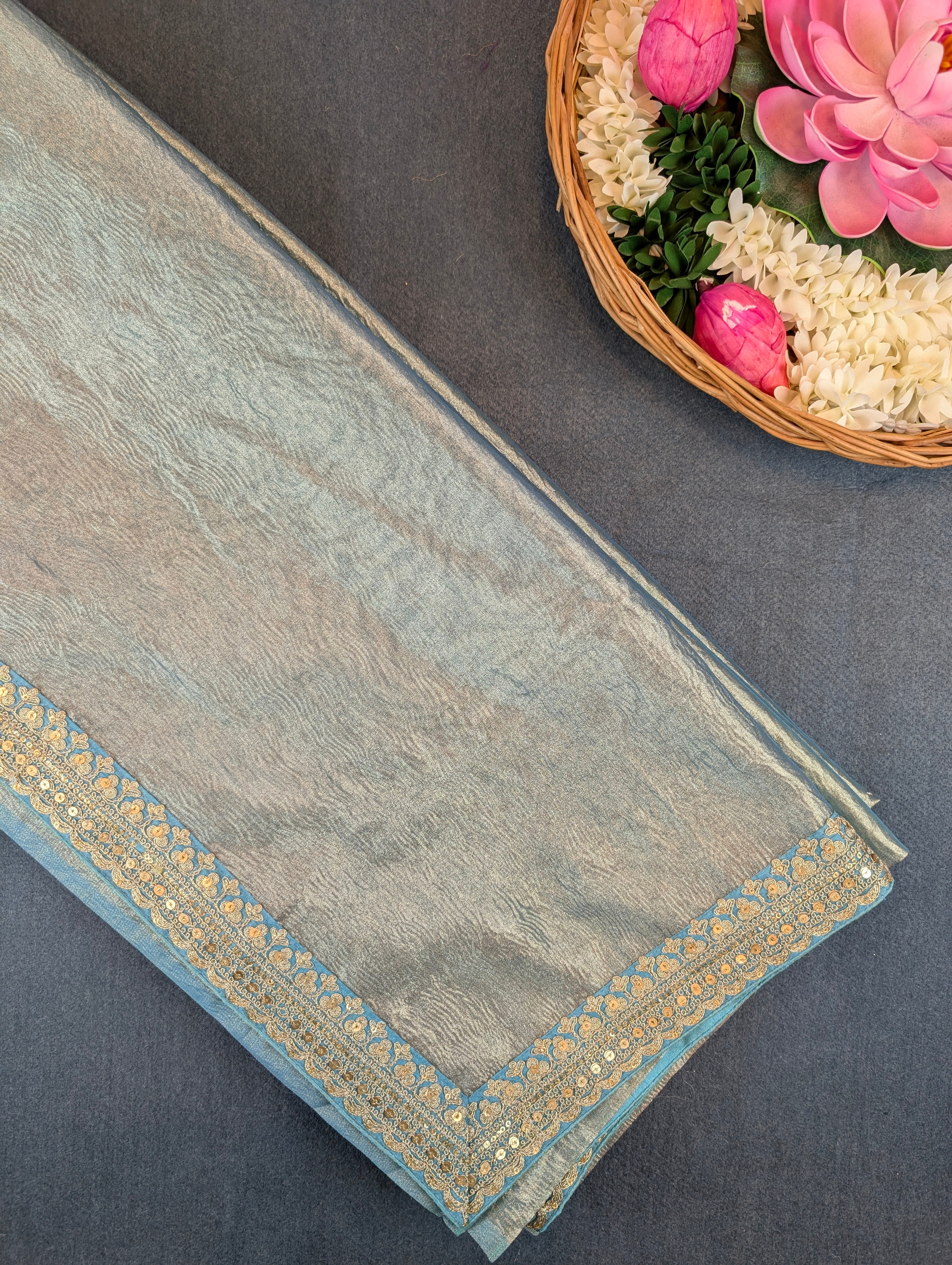 Pure Tissue Silk Saree with a Stitched Blouse - Sky Blue