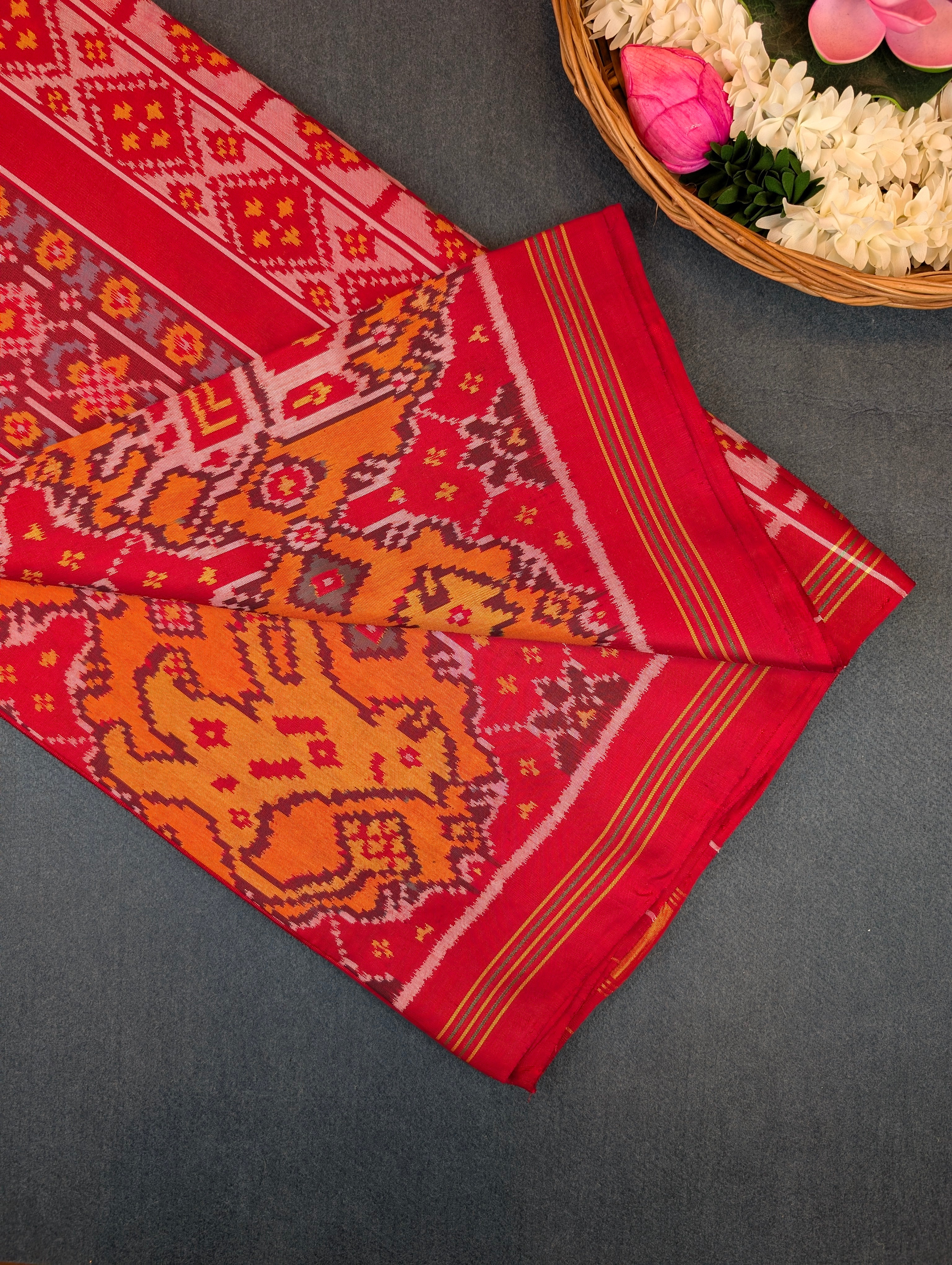 Handloom Patola Pure Silk Saree X Crimson Red & Burnt Orange