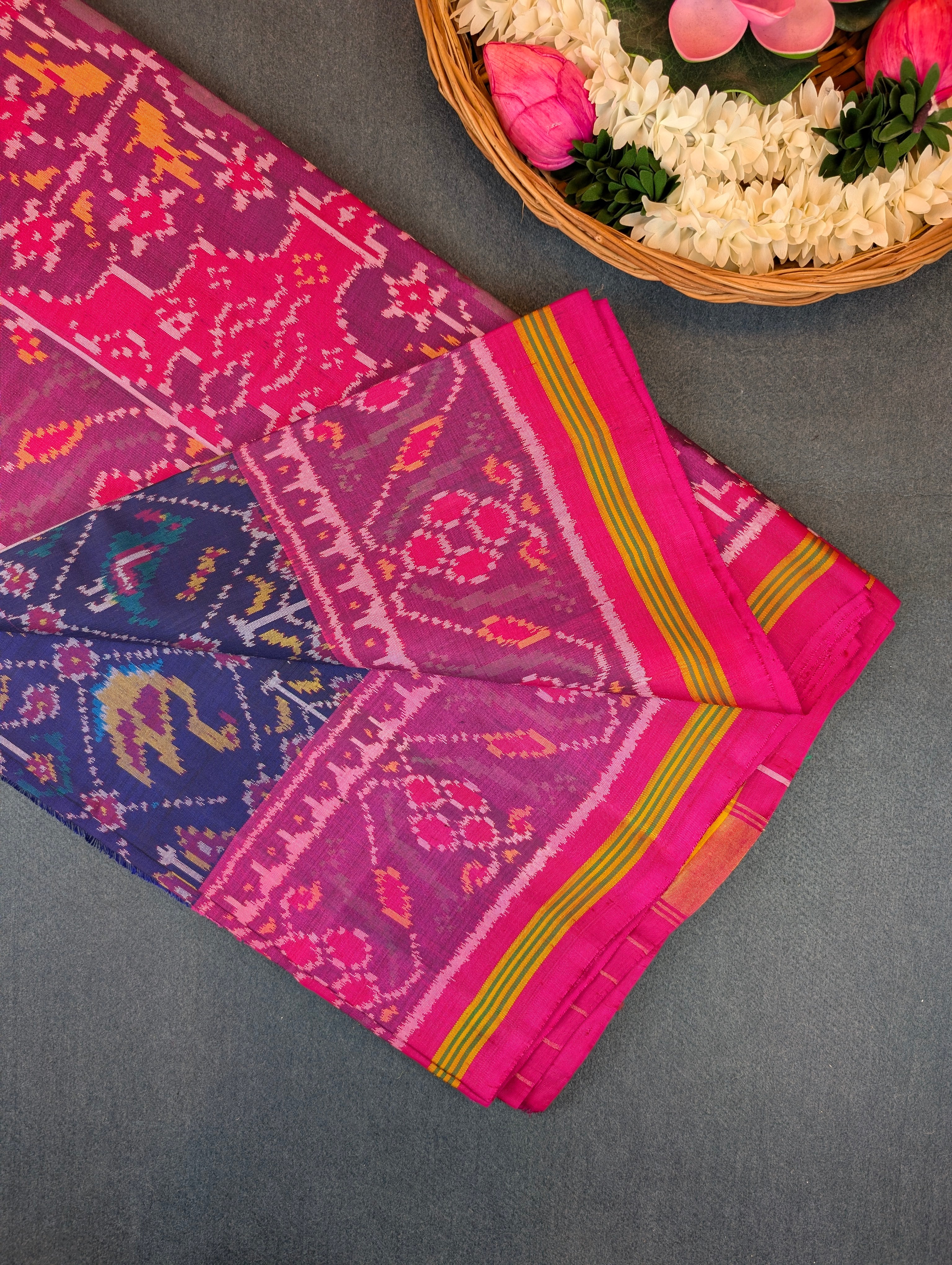 Handloom Patola Pure Silk Saree X Royal Blue base with Rani Pink Border