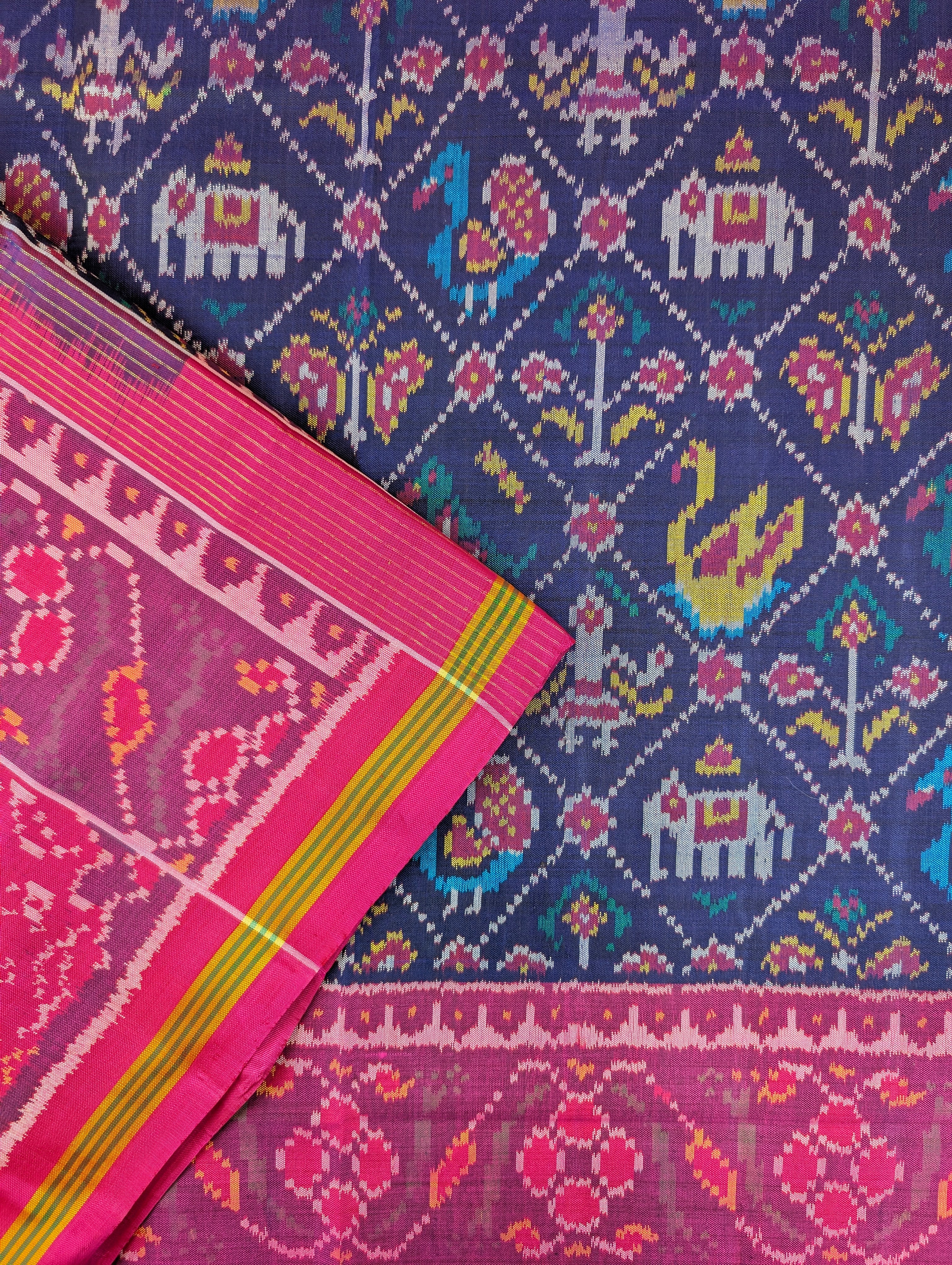 Handloom Patola Pure Silk Saree X Royal Blue base with Rani Pink Border