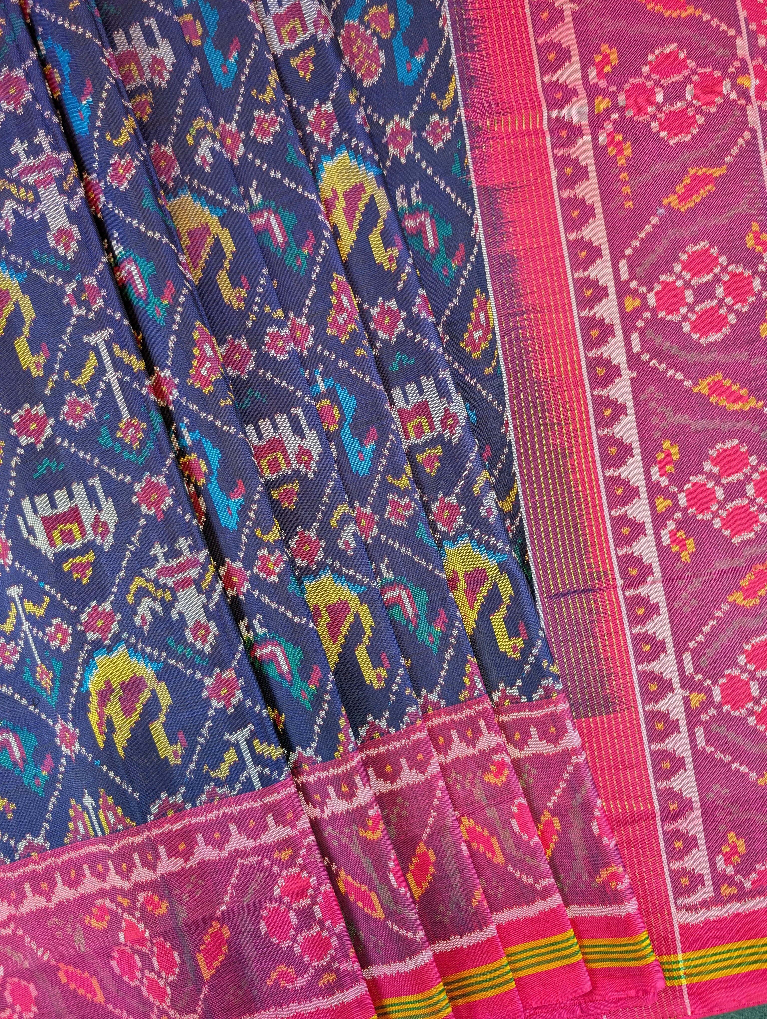 Handloom Patola Pure Silk Saree X Royal Blue base with Rani Pink Border