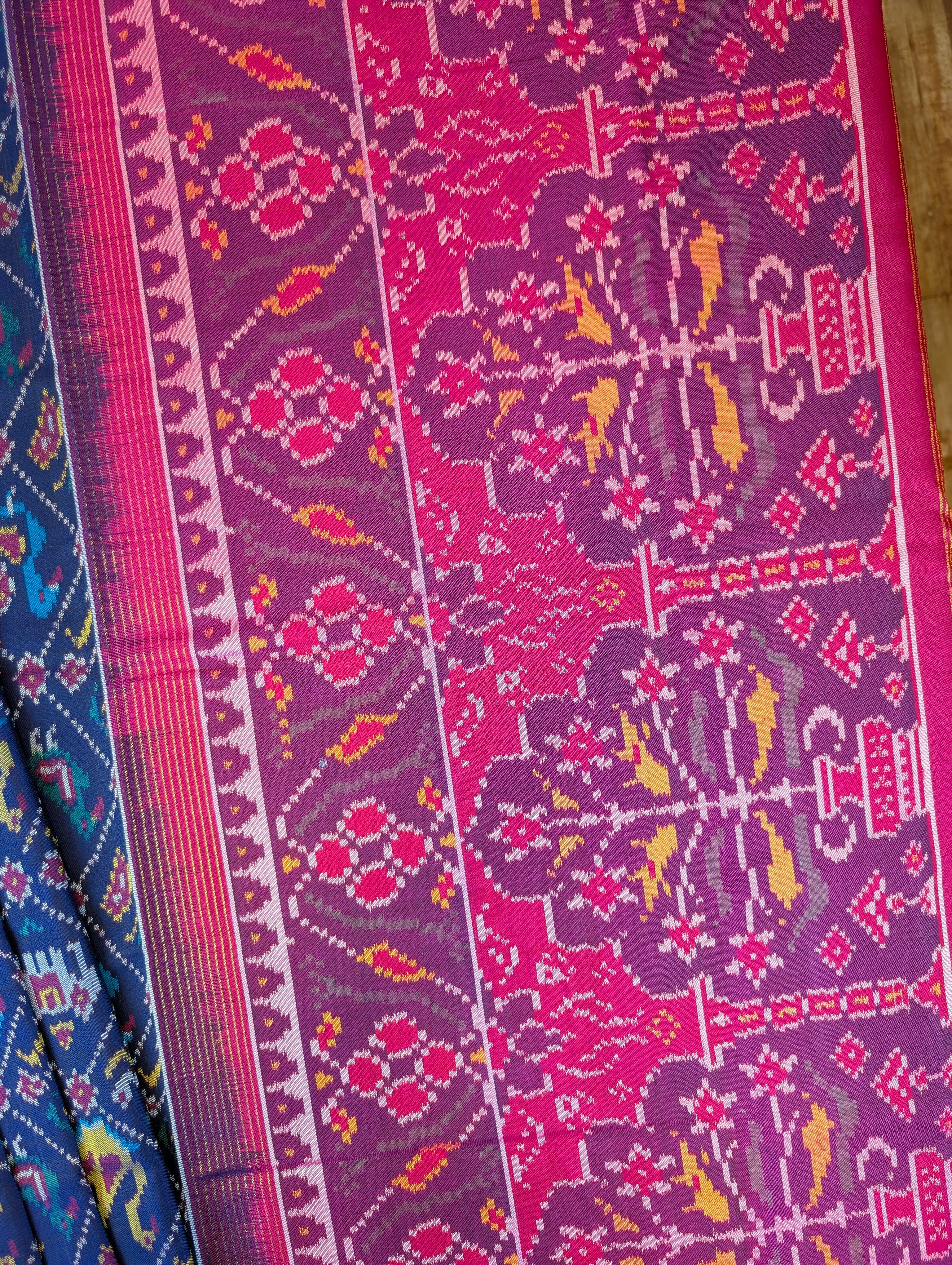 Handloom Patola Pure Silk Saree X Royal Blue base with Rani Pink Border