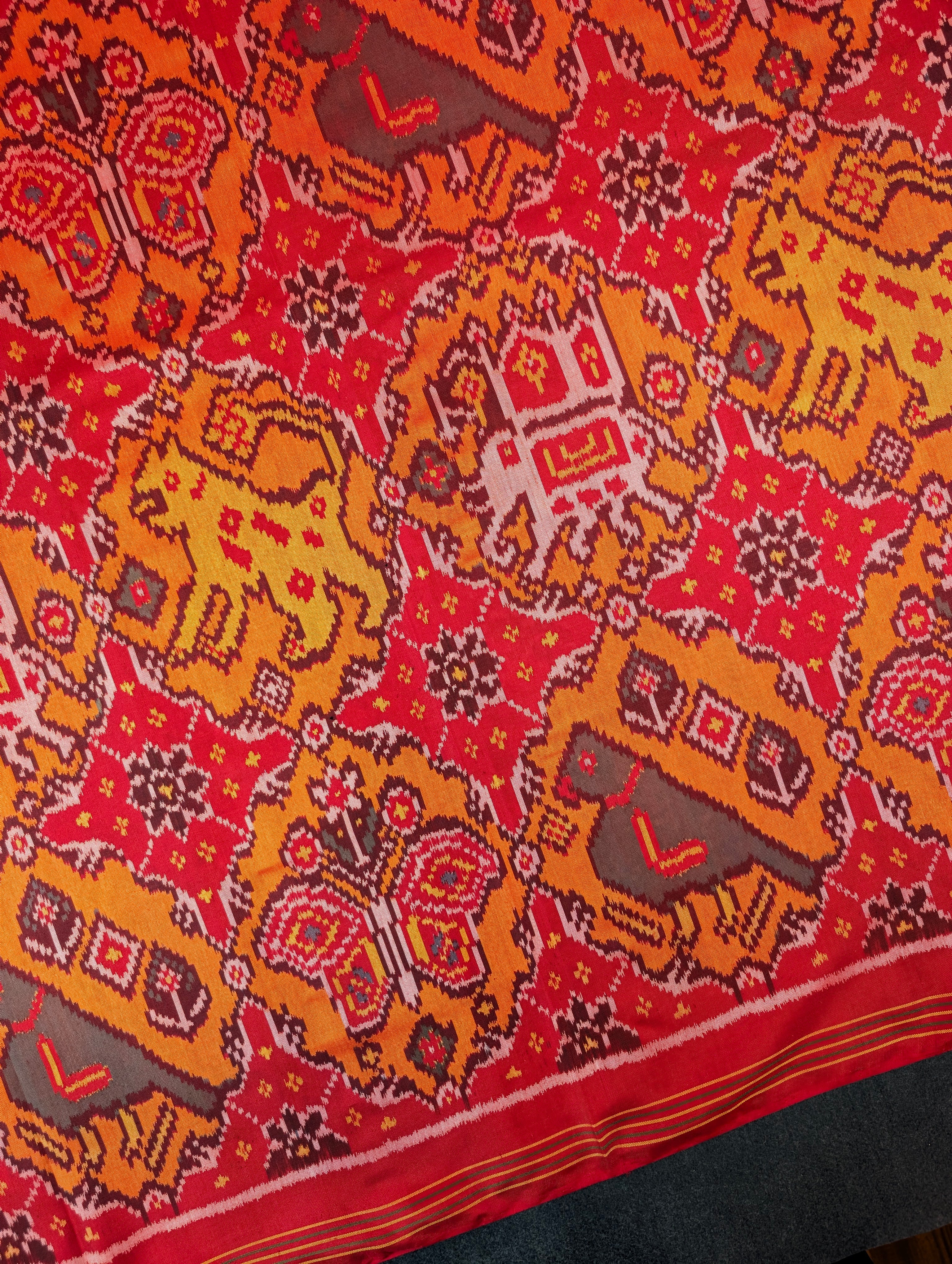 Handloom Patola Pure Silk Saree X Crimson Red & Burnt Orange