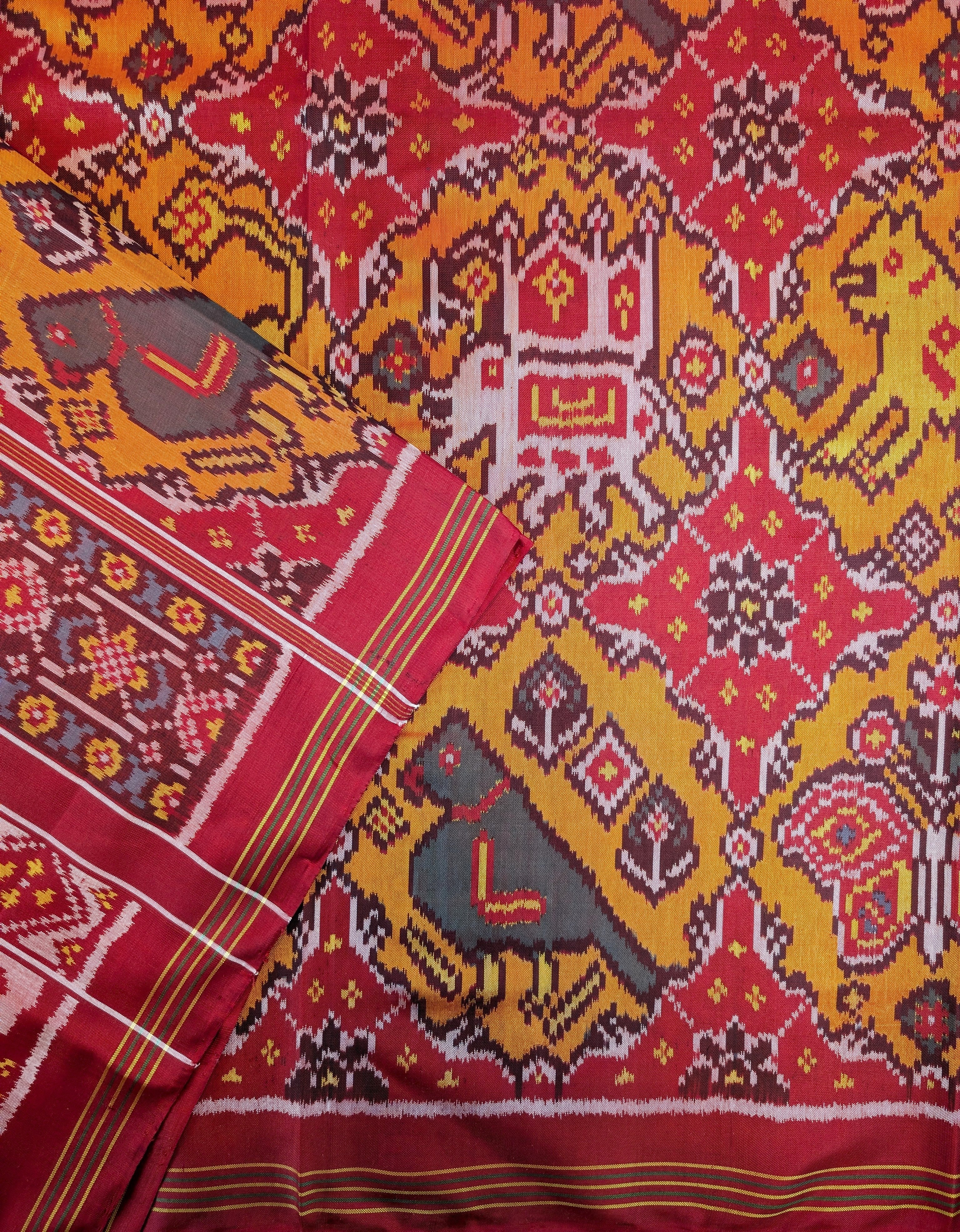 Handloom Patola Pure Silk Saree X Crimson Red & Burnt Orange