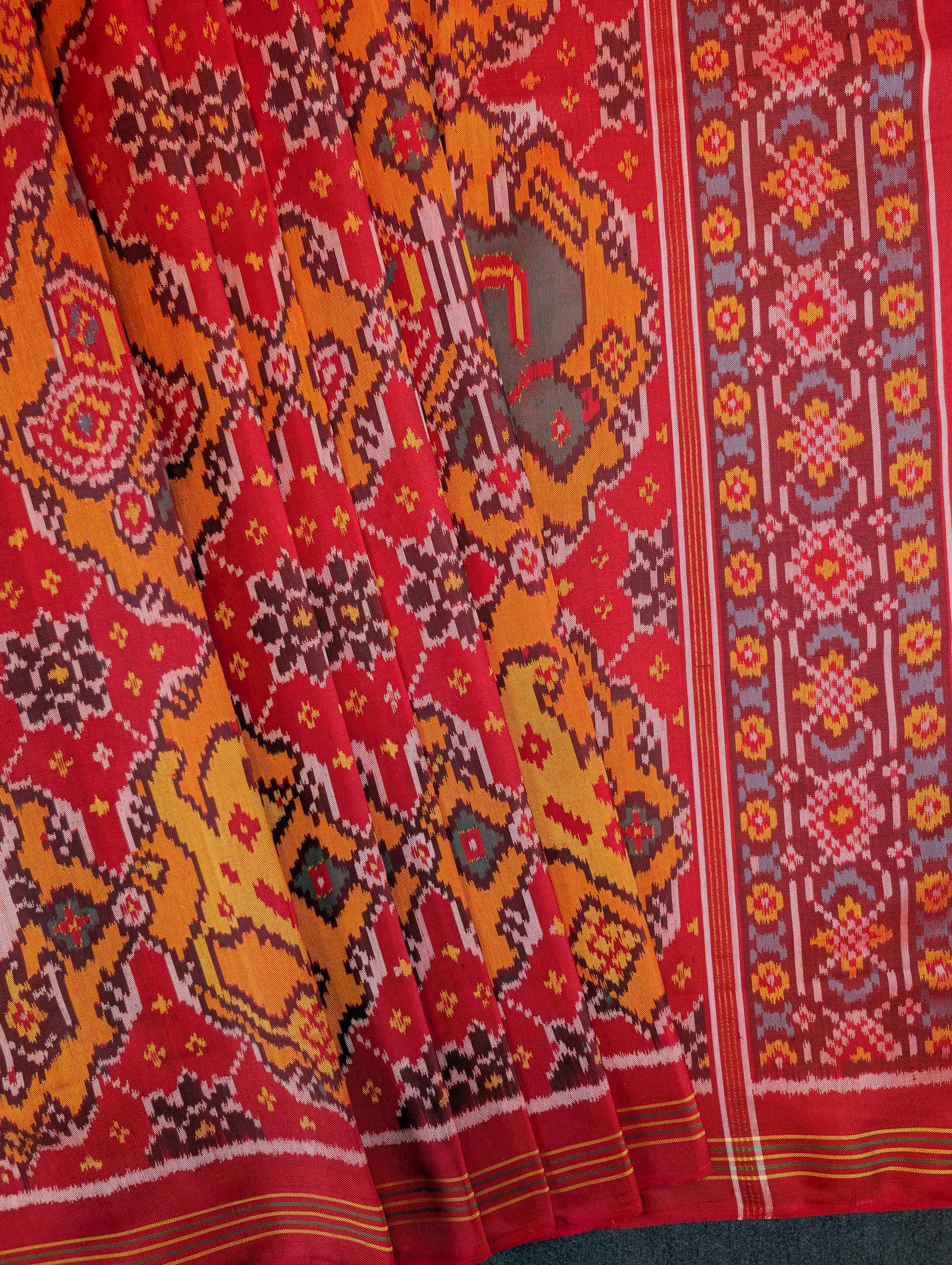 Handloom Patola Pure Silk Saree X Crimson Red & Burnt Orange